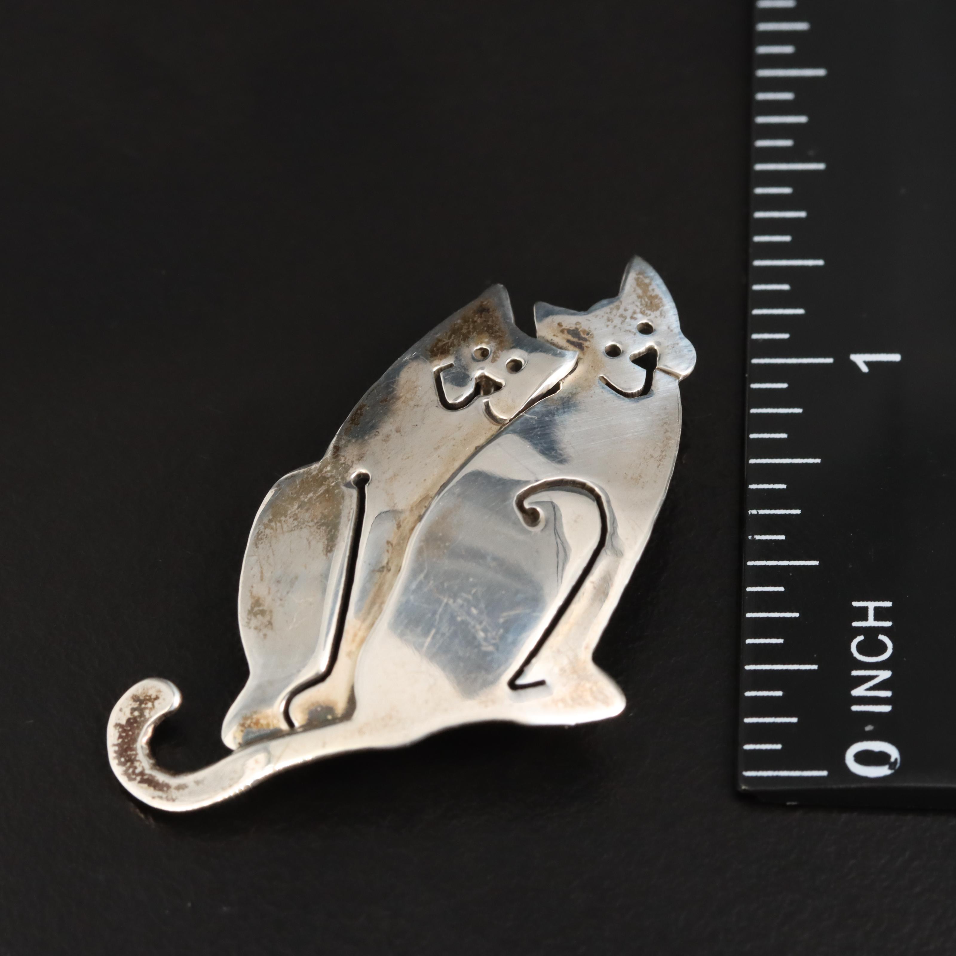 Sterling Cat Duo Brooch