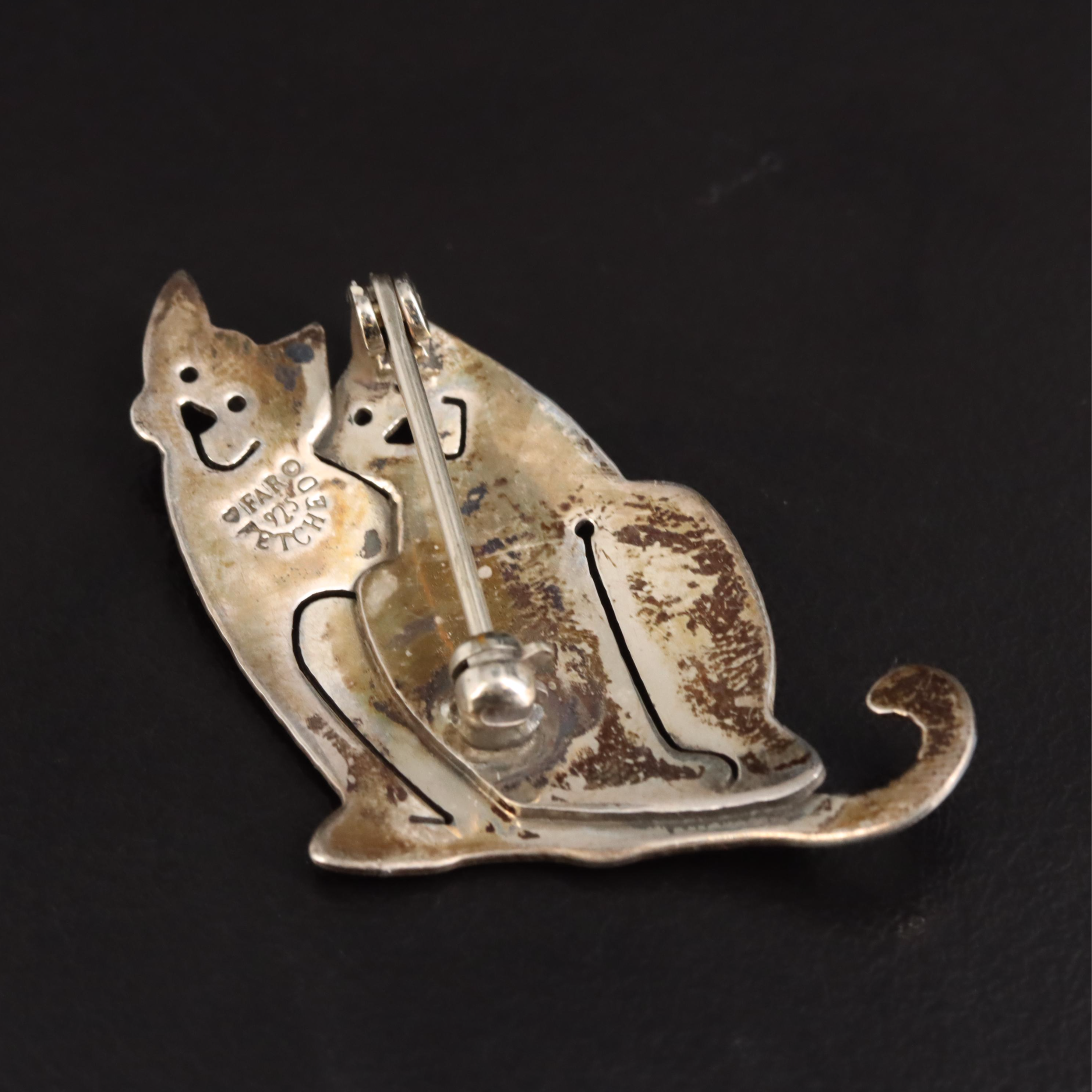 Sterling Cat Duo Brooch