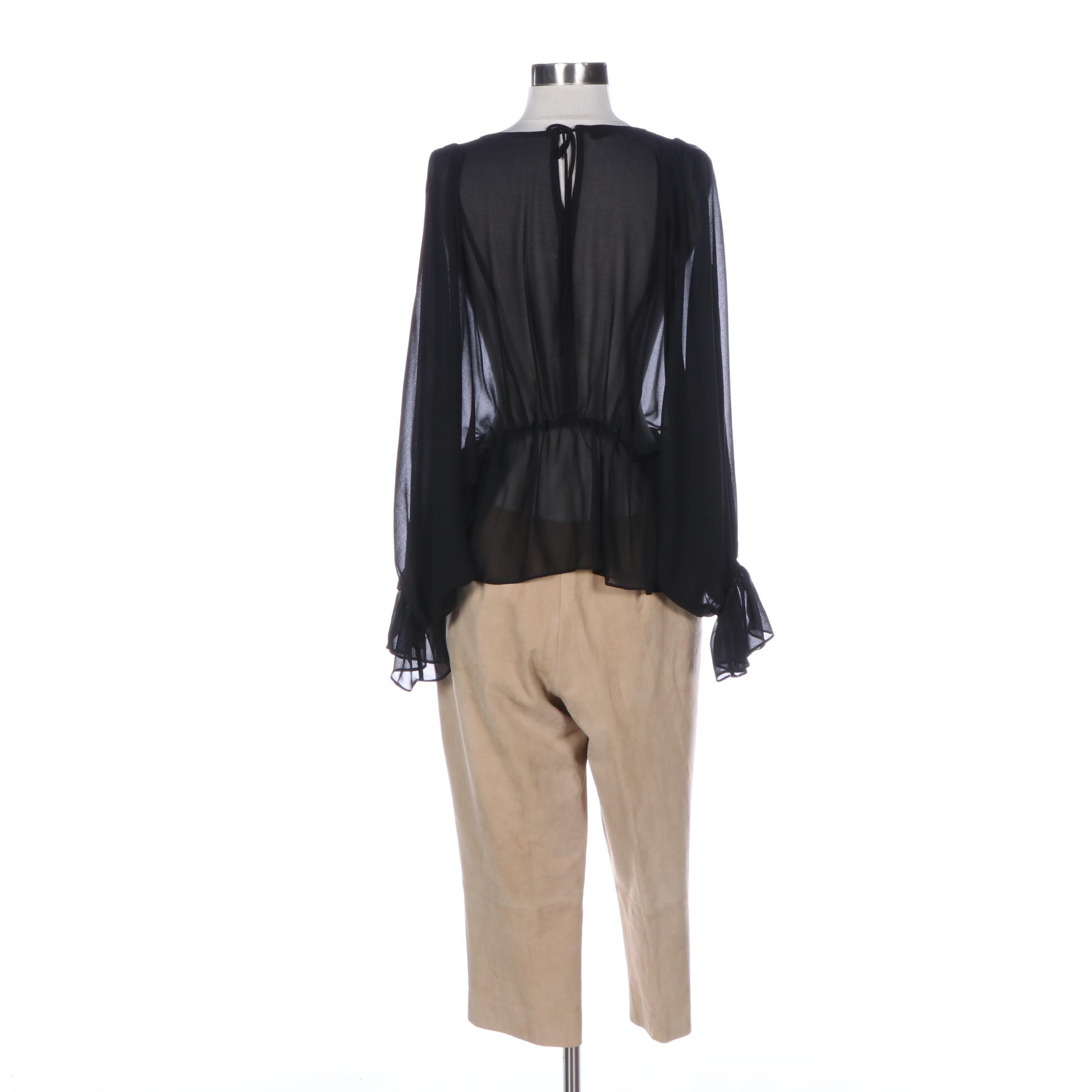 Iris Setlakwe Sheer Gathered Waist Blouse and Bianchini Maglierie Suede Pants