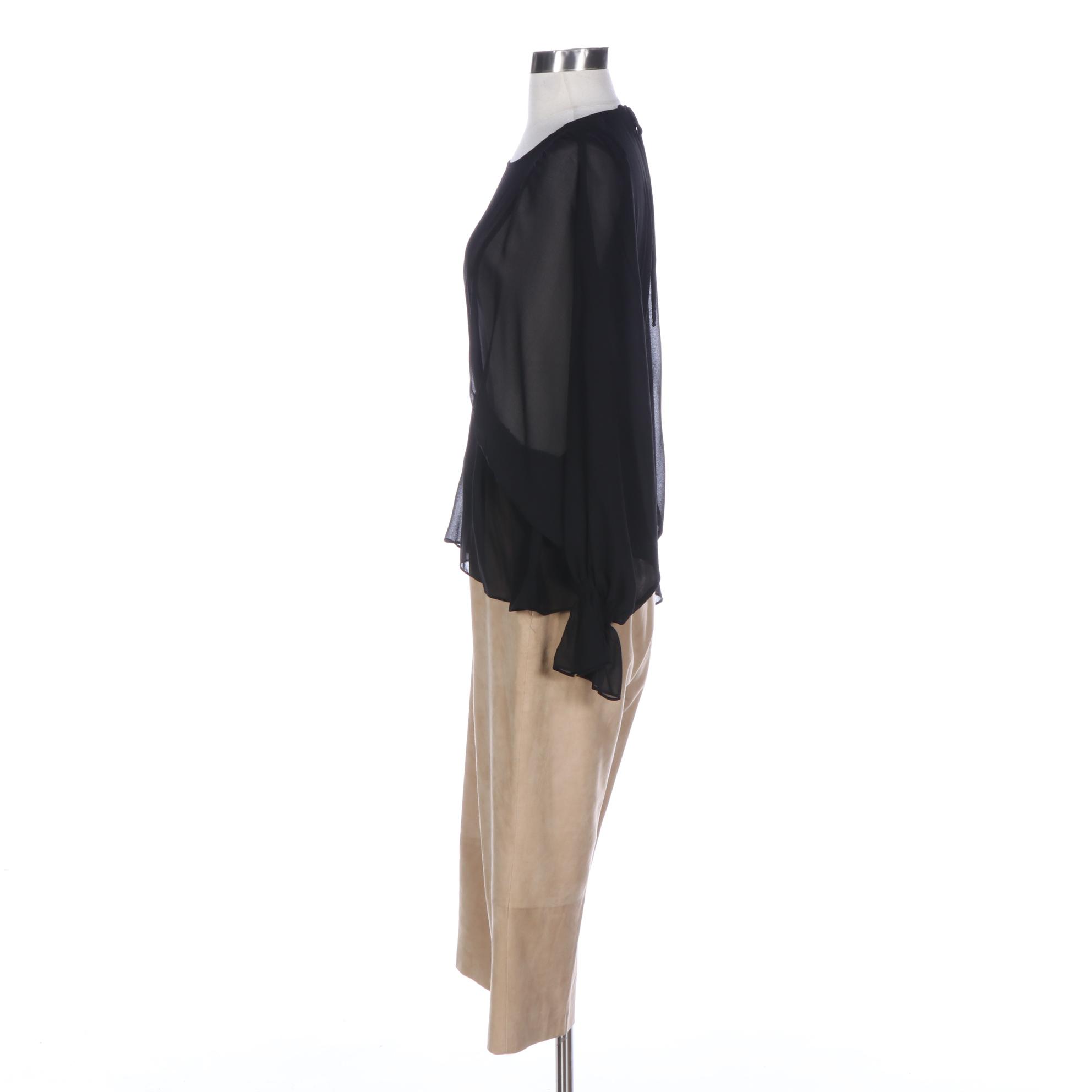 Iris Setlakwe Sheer Gathered Waist Blouse and Bianchini Maglierie Suede Pants