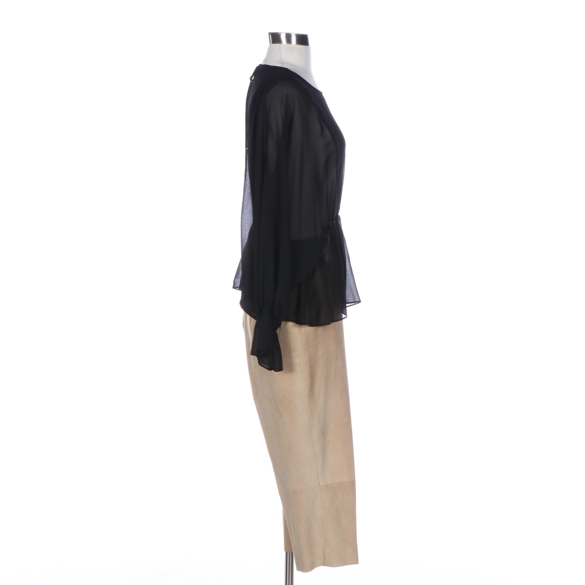Iris Setlakwe Sheer Gathered Waist Blouse and Bianchini Maglierie Suede Pants