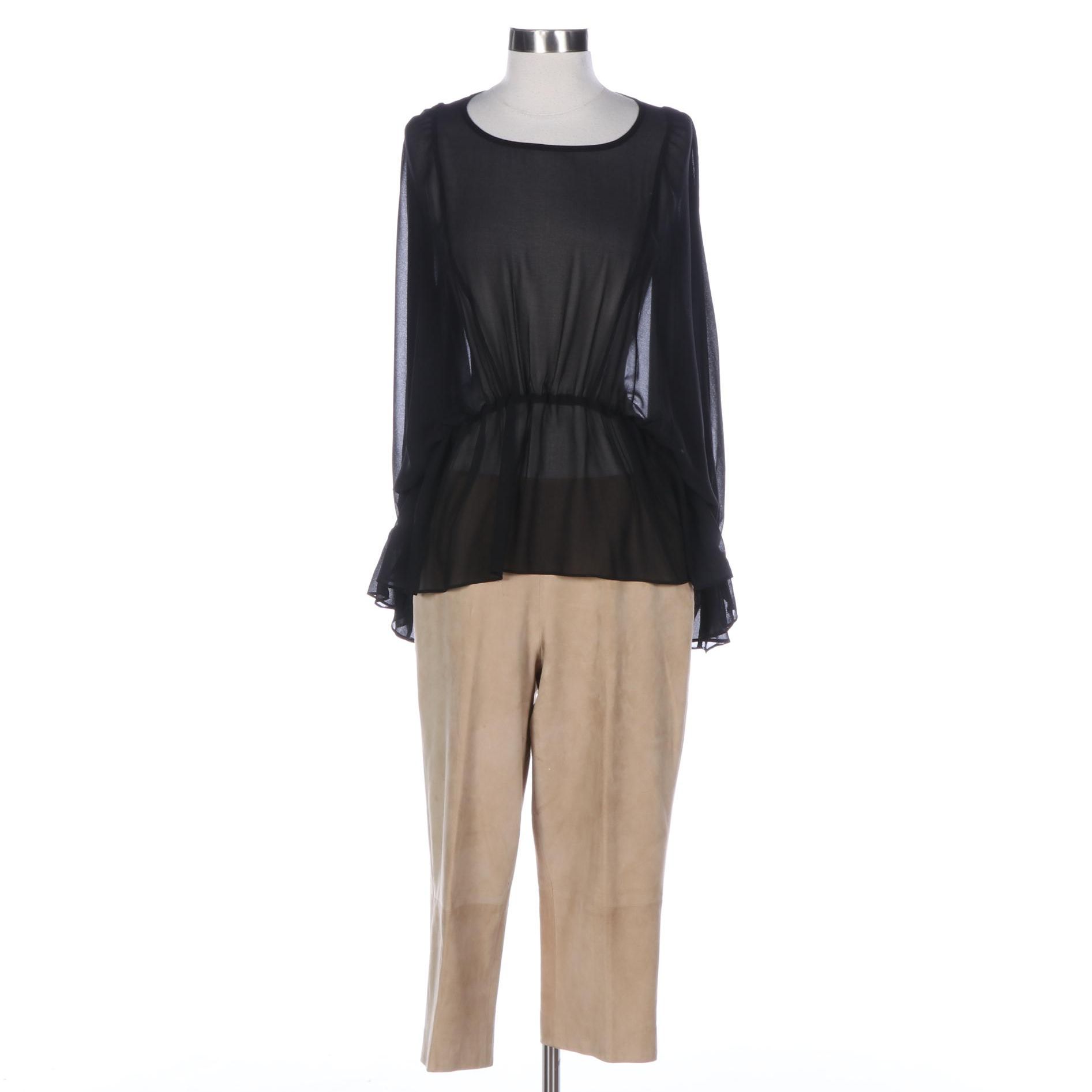 Iris Setlakwe Sheer Gathered Waist Blouse and Bianchini Maglierie Suede Pants