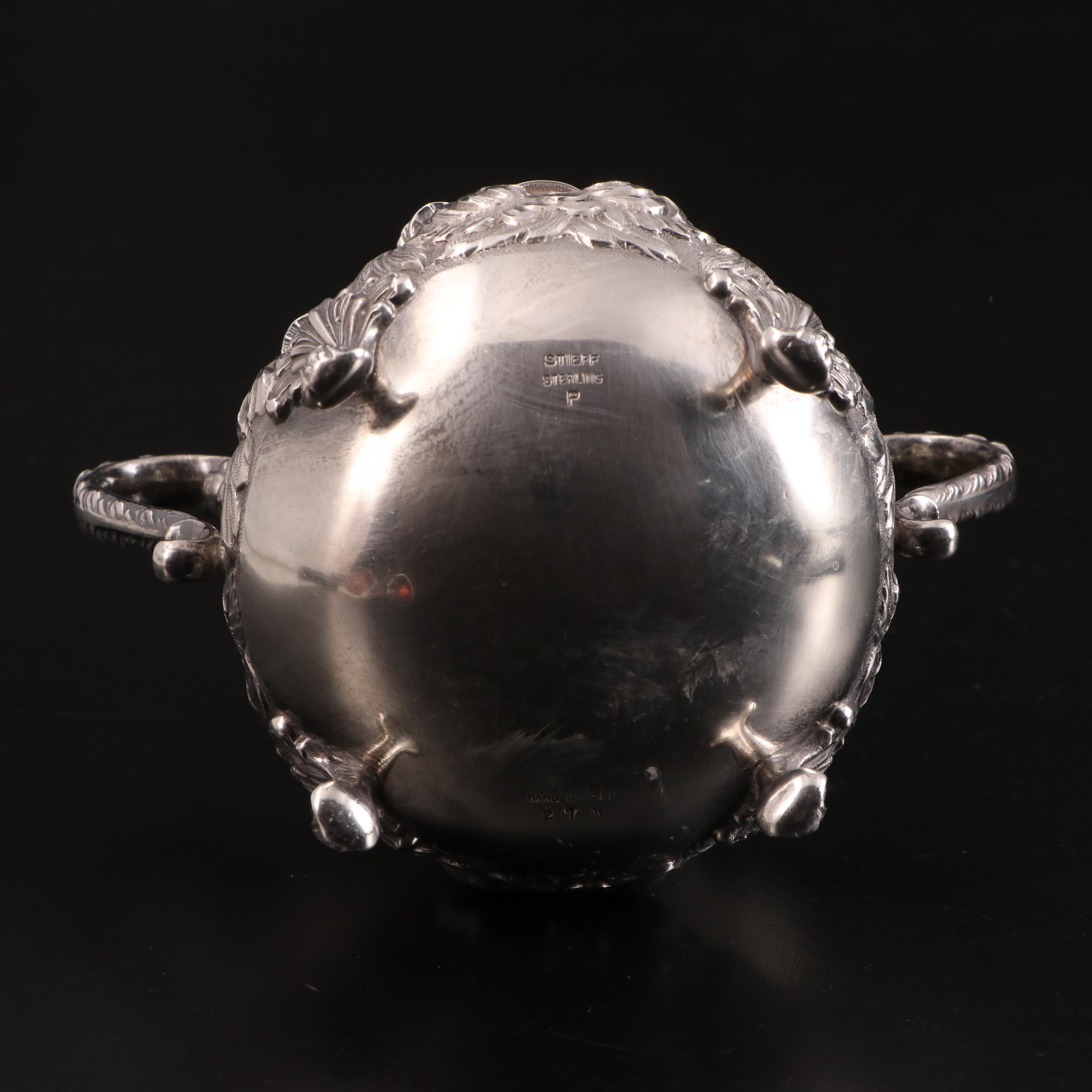 Stieff "Stieff Rose" Hand Chased Sterling Silver Creamer and Sugar, 1950s