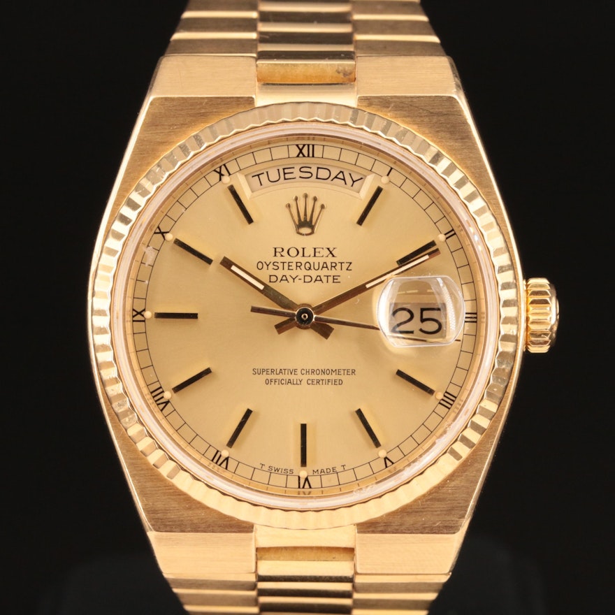 18K Rolex Day-Date OysterQuartz Integrated Presidential Wristwatch