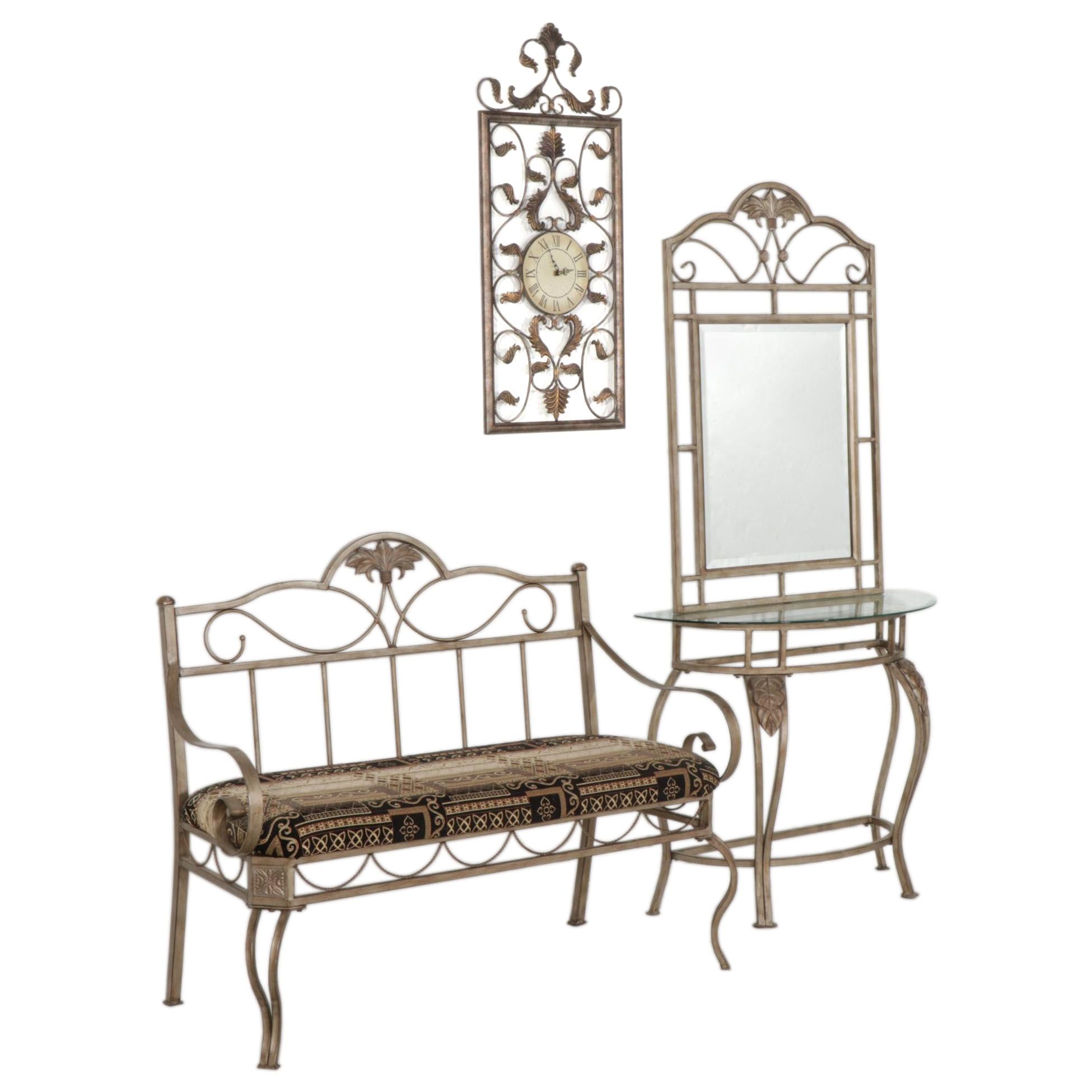 Contemporary Metal Bench Seat, Demilune Table and Mirror with Clock