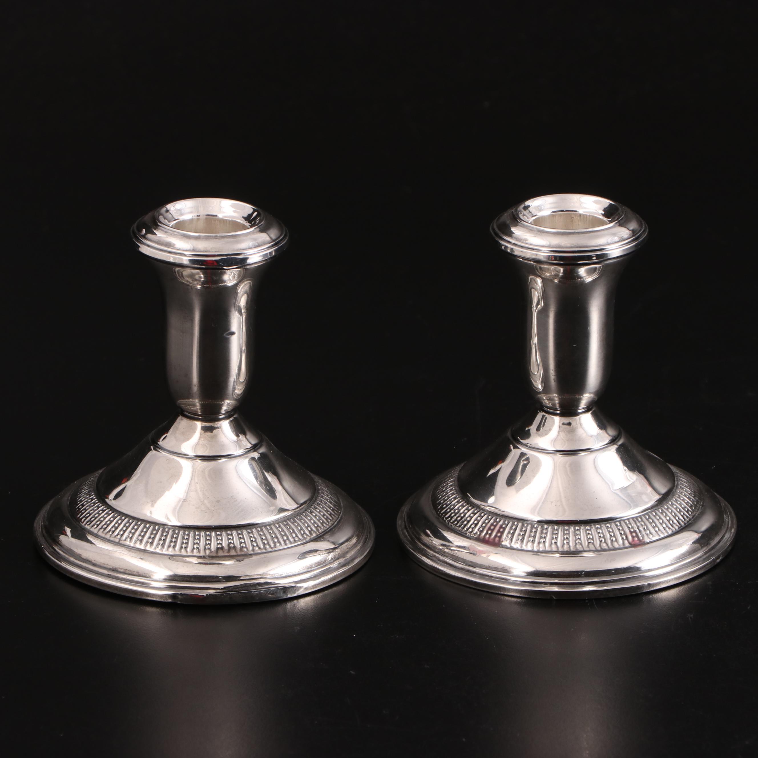Ames Mfg Co. Sterling Candlesticks with American Brilliant Style Glass Compote