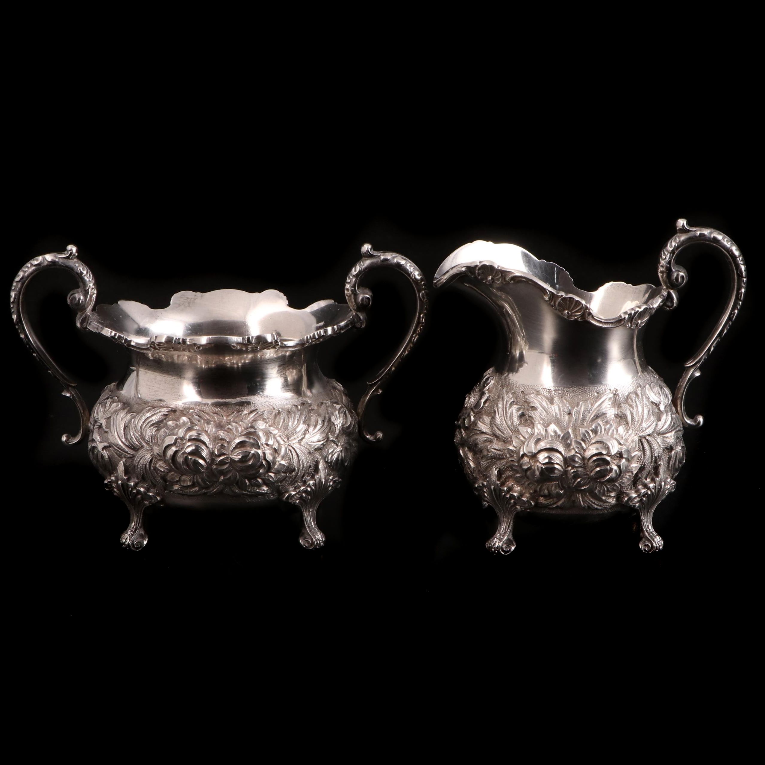Stieff "Stieff Rose" Hand Chased Sterling Silver Creamer and Sugar, 1950s
