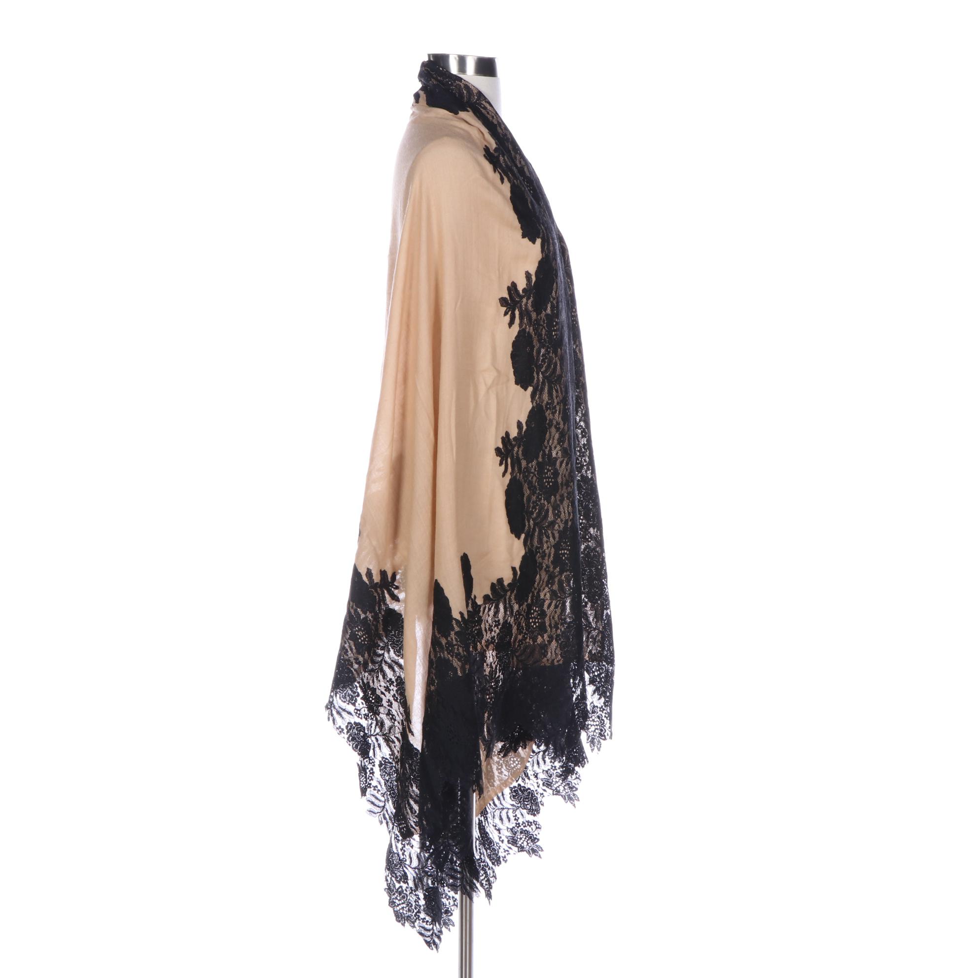 Clever Carriage Company Wool Silk Scarf with Lace Appliqué Border