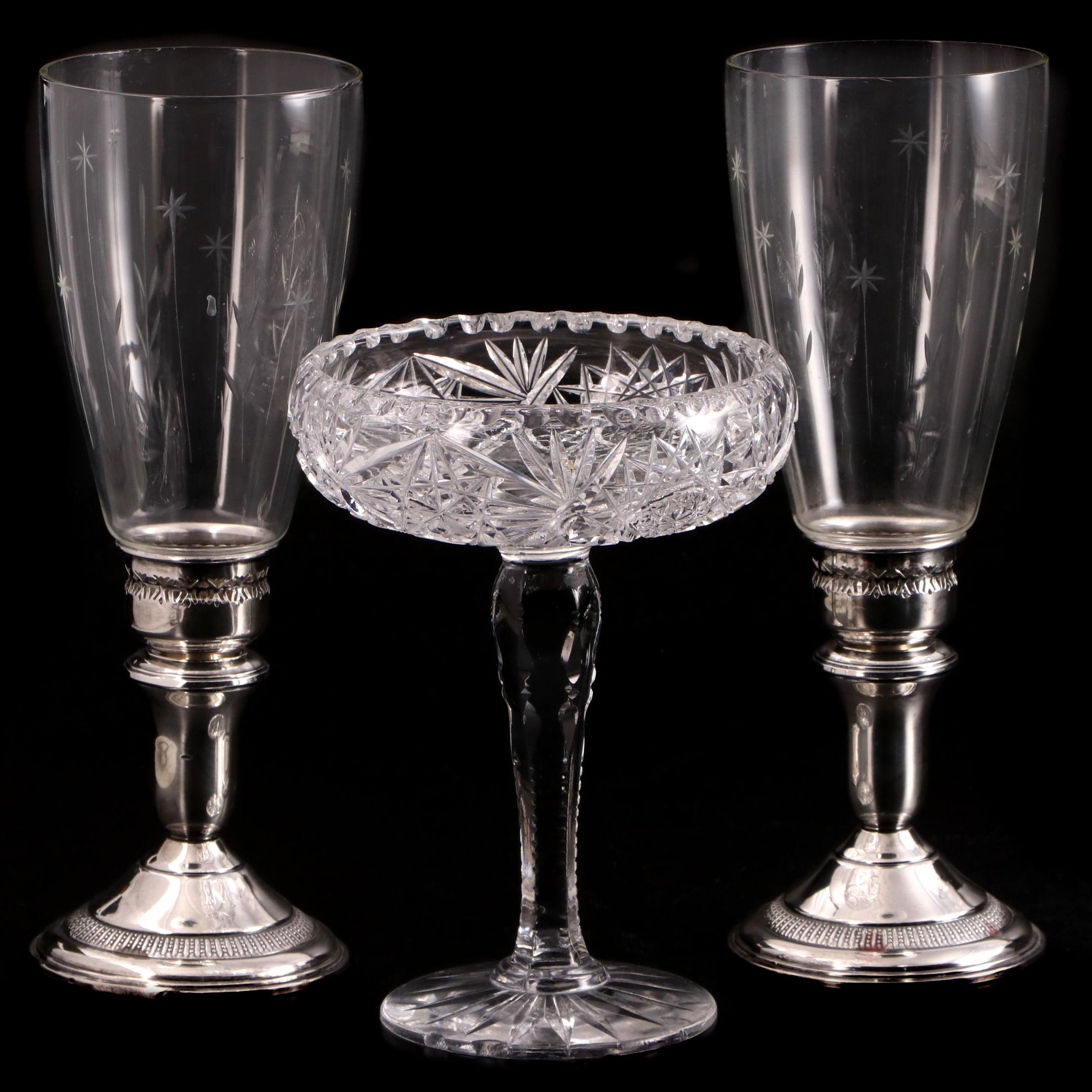 Ames Mfg Co. Sterling Candlesticks with American Brilliant Style Glass Compote