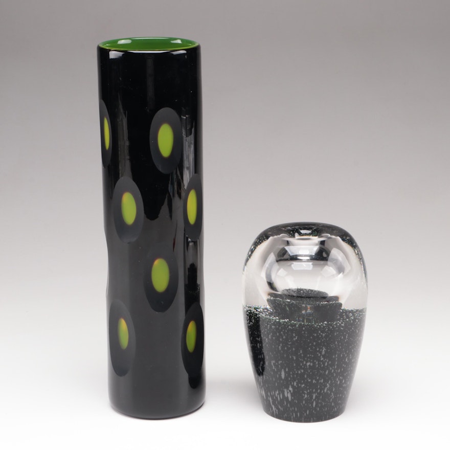 Cased and Cut Black and Green Art Glass Vase with Green Pulegoso Art Glass Vase