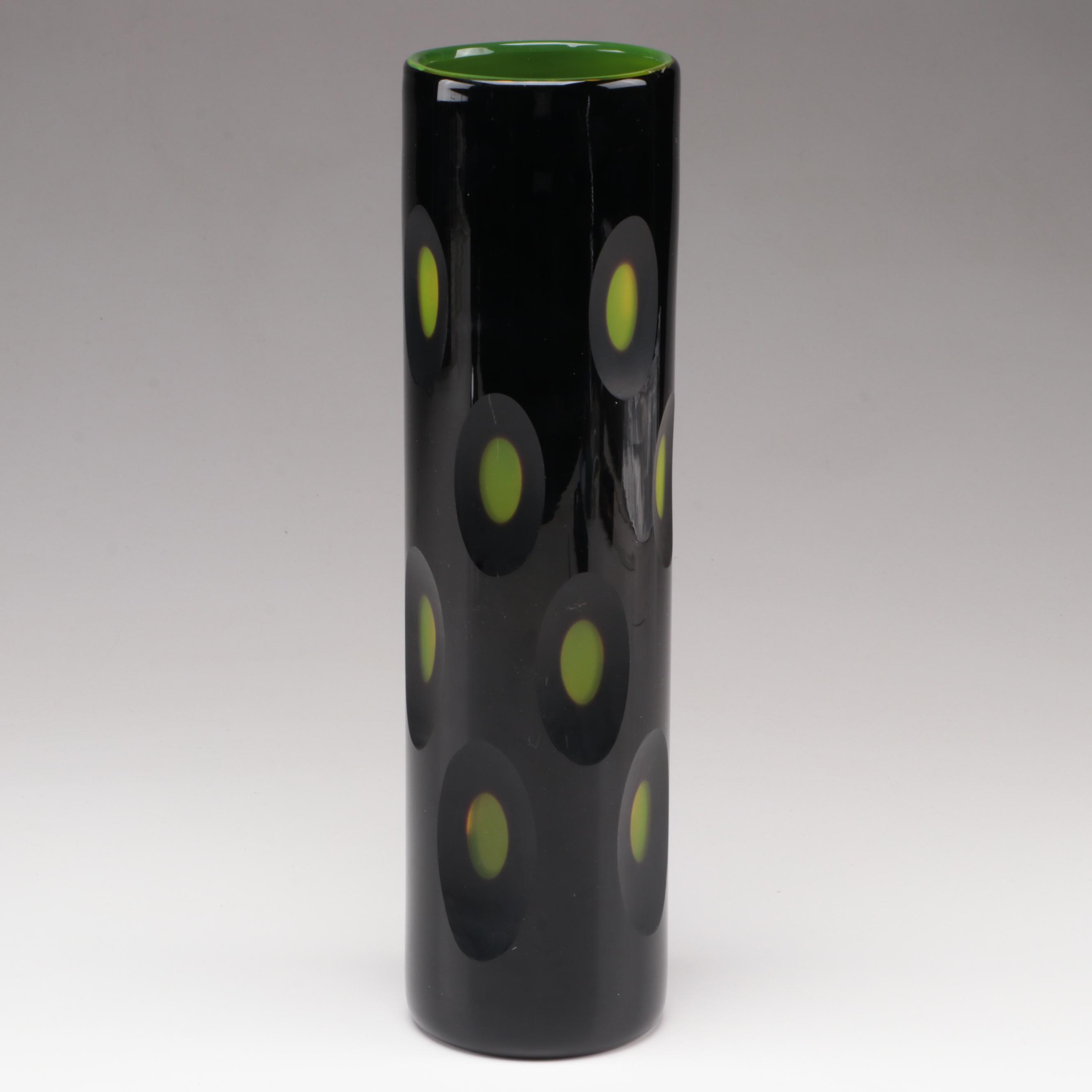 Cased and Cut Black and Green Art Glass Vase with Green Pulegoso Art Glass Vase
