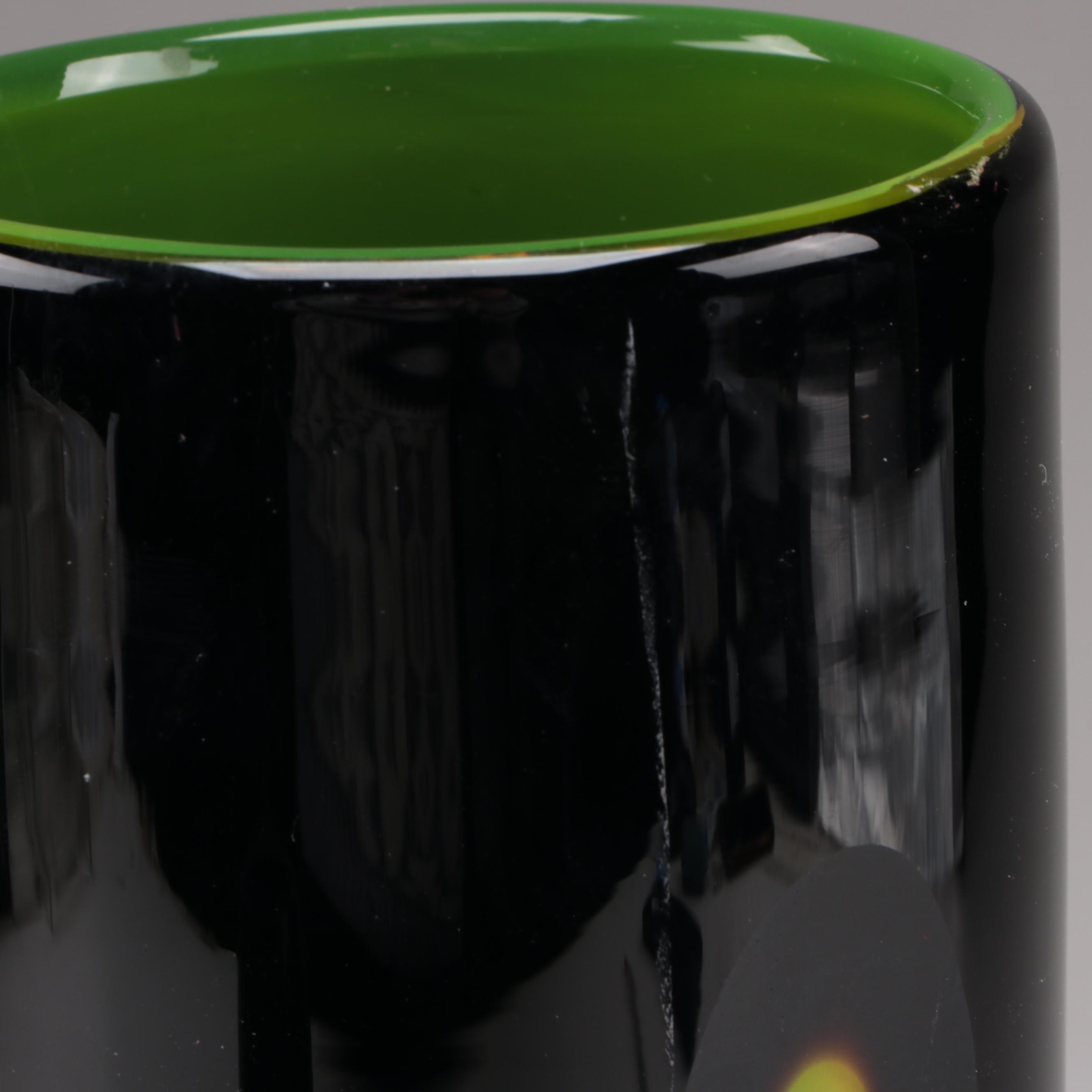 Cased and Cut Black and Green Art Glass Vase with Green Pulegoso Art Glass Vase