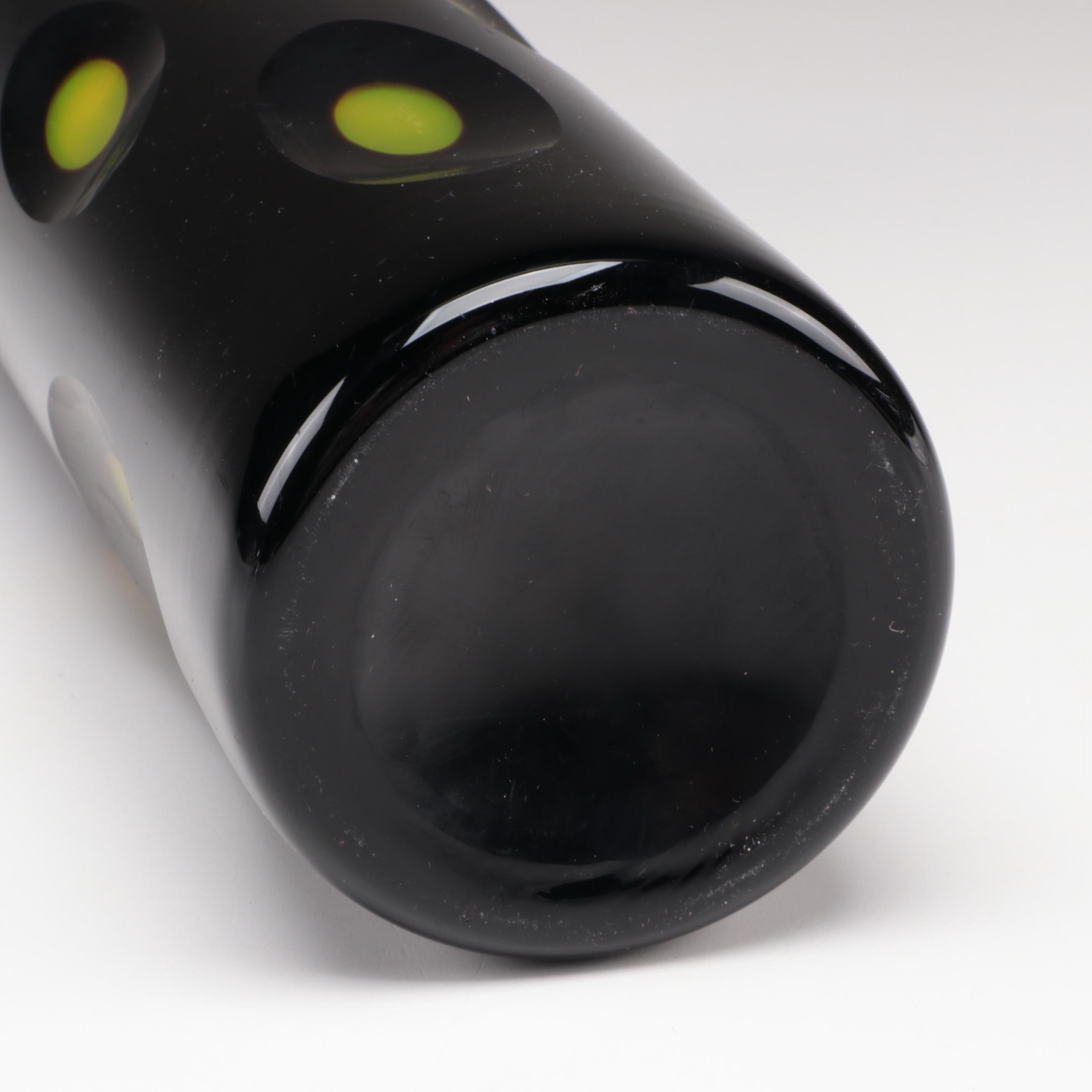 Cased and Cut Black and Green Art Glass Vase with Green Pulegoso Art Glass Vase