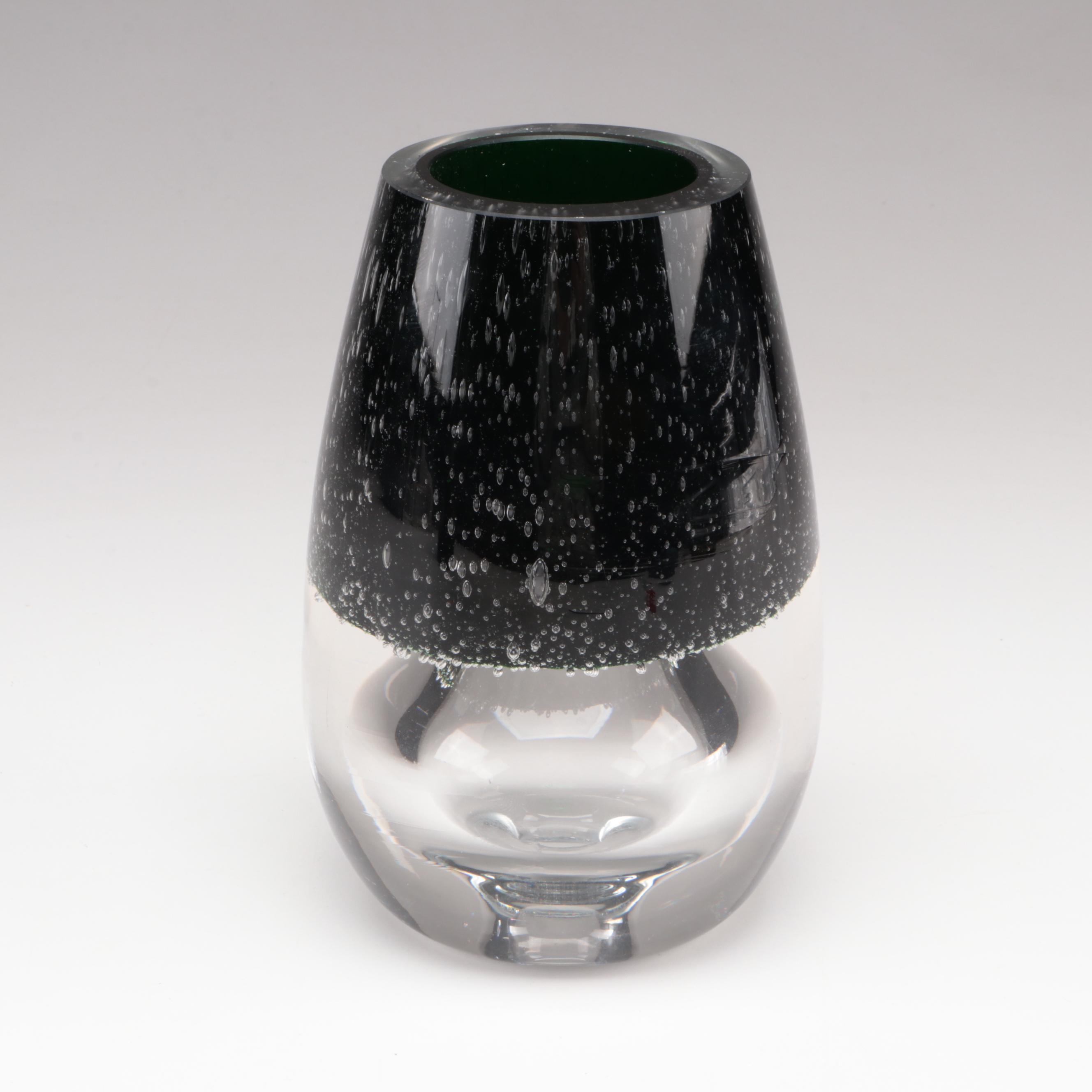 Cased and Cut Black and Green Art Glass Vase with Green Pulegoso Art Glass Vase