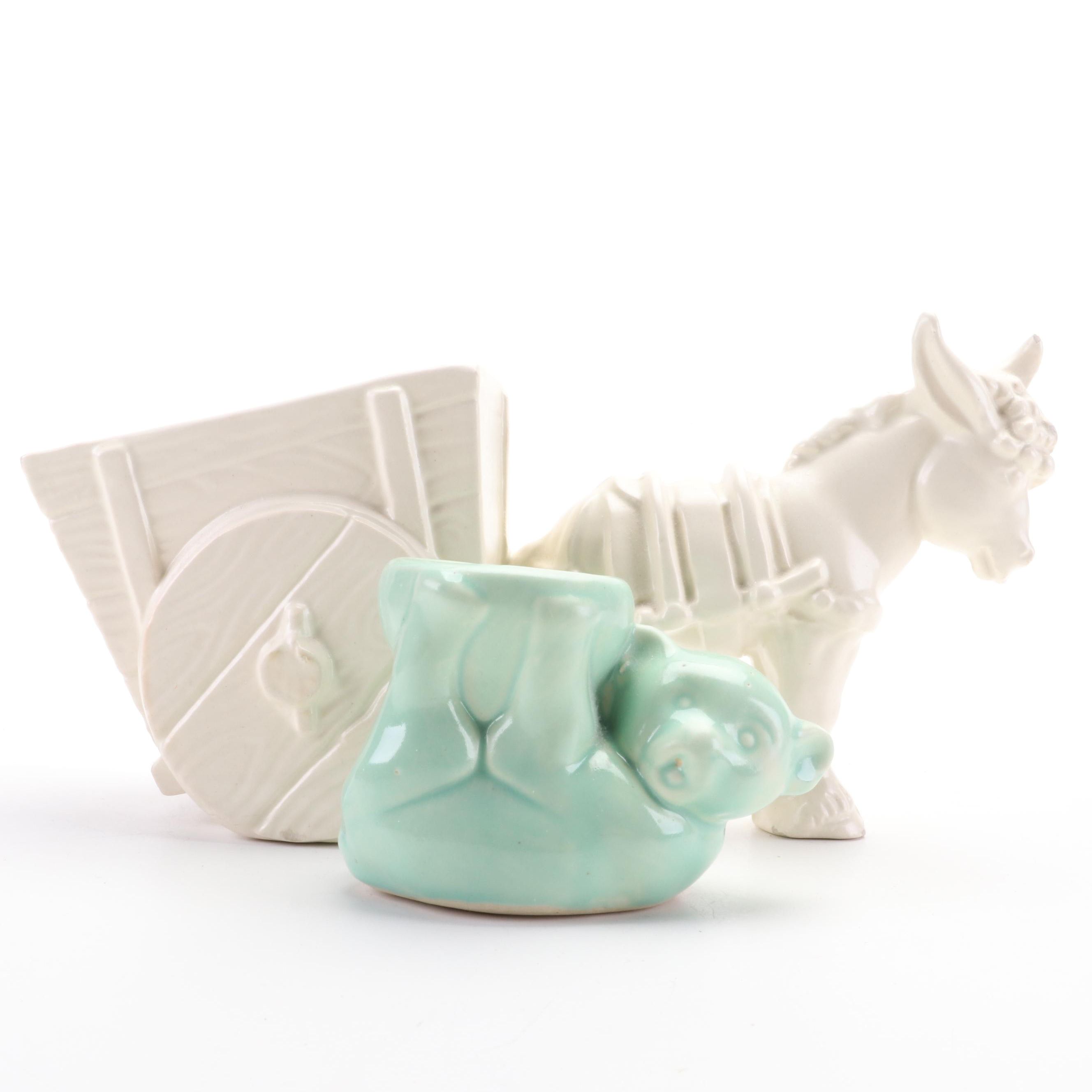 Ceramic Donkey with Cart Planter and Other Bear Shaped Vase, Mid to Late 20th C.