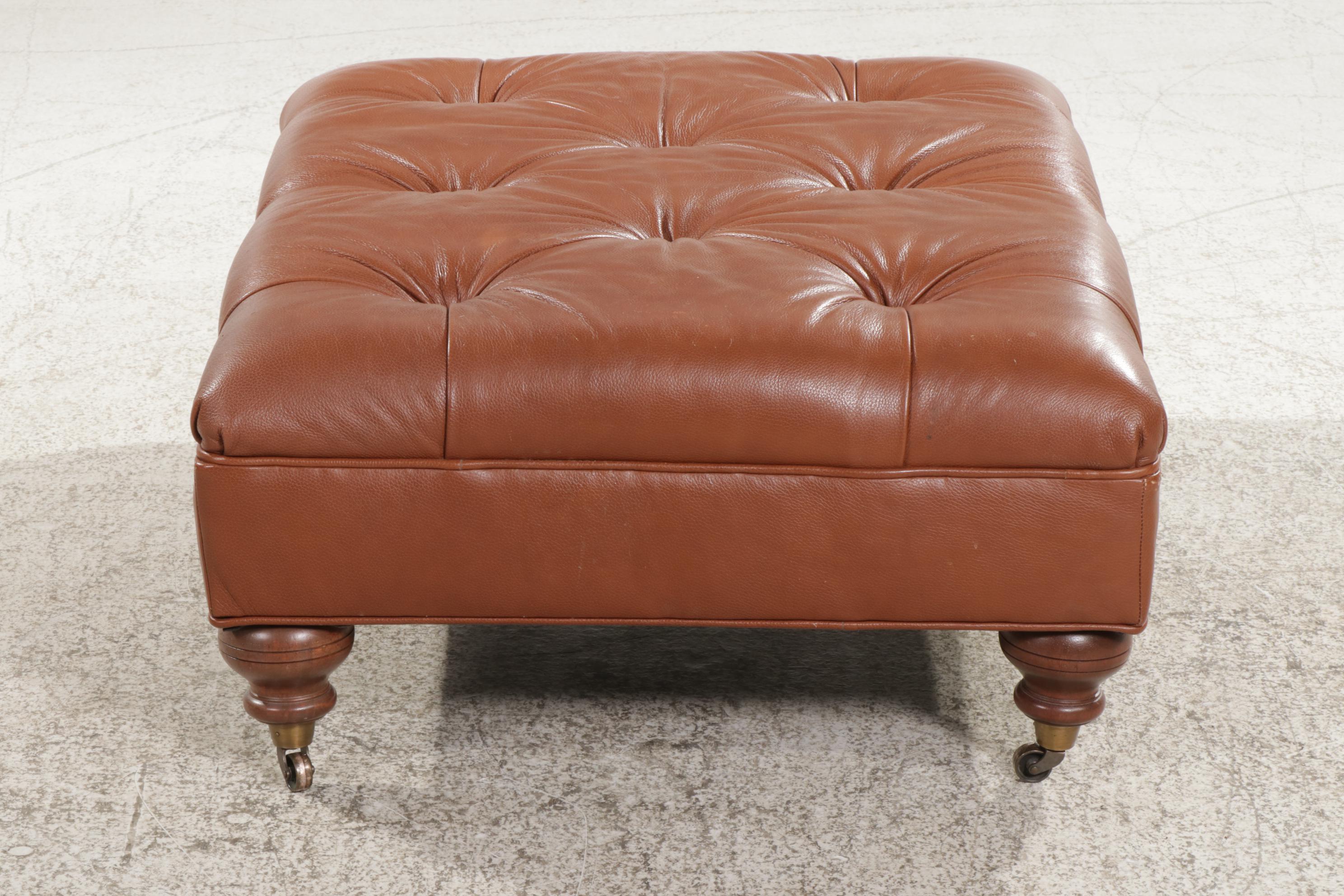 Ethan Allen Button Tufted Leather Ottoman, Late 20th Century