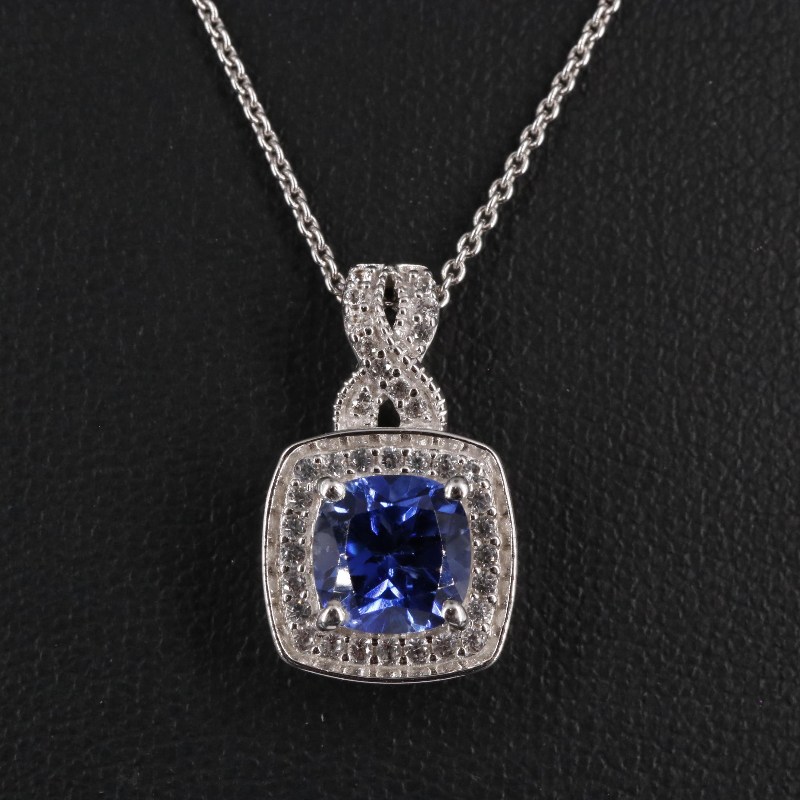 Sterling Sapphire Halo Pendant Necklace