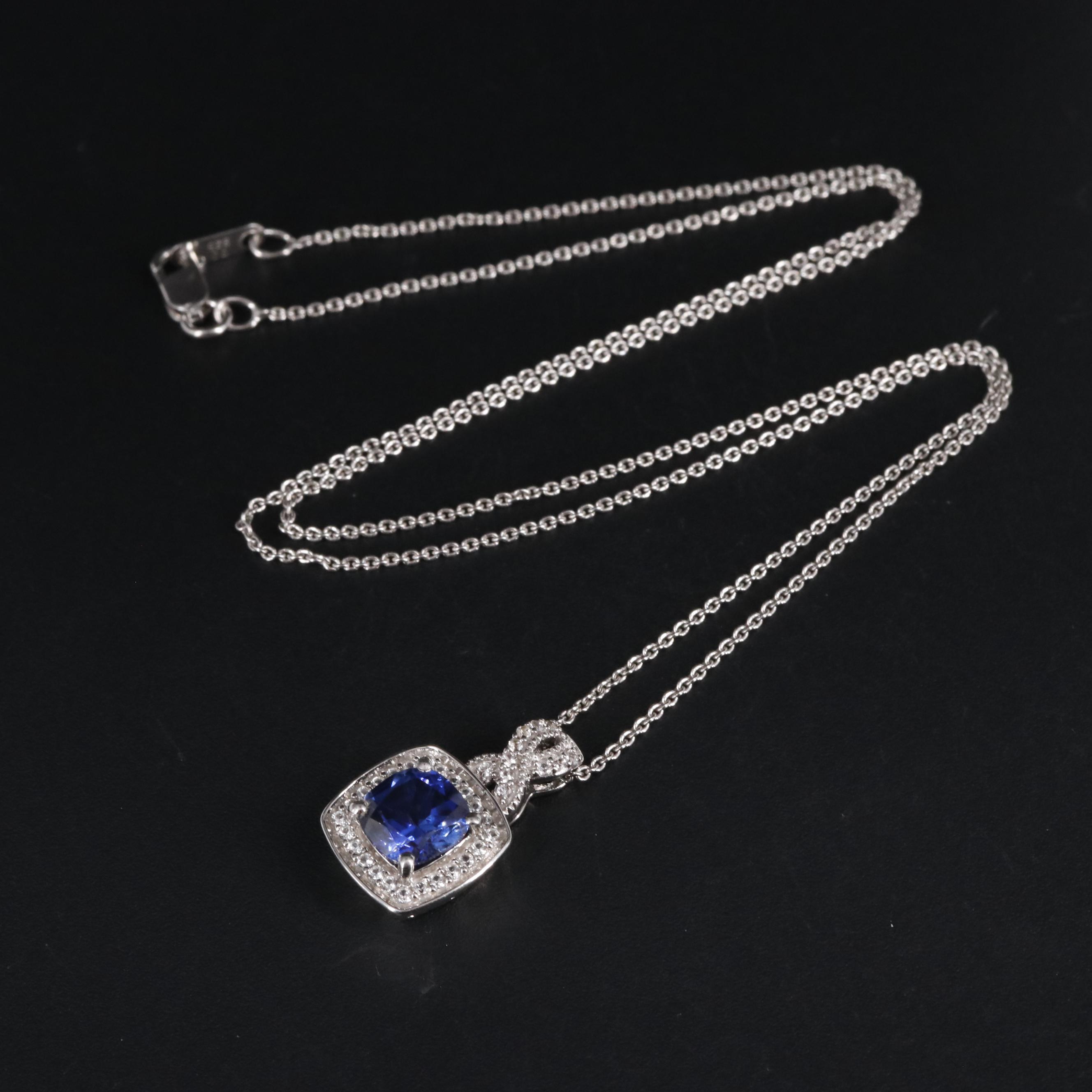 Sterling Sapphire Halo Pendant Necklace