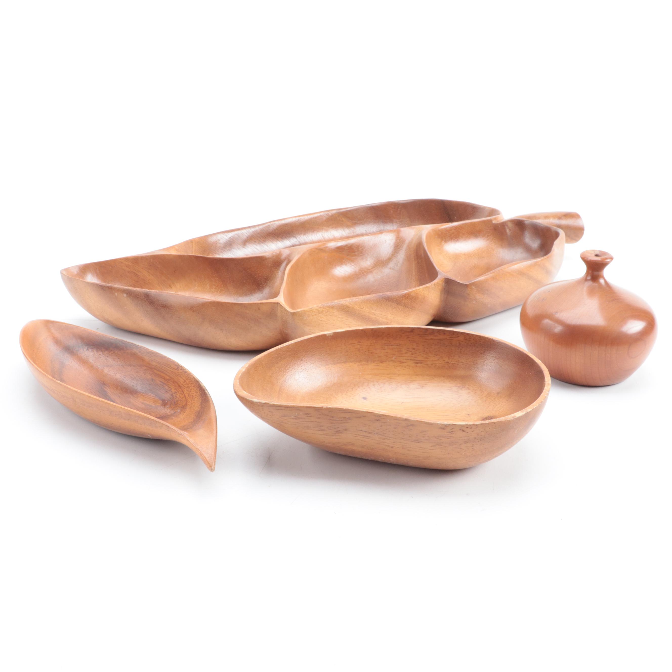 Hawaiian and Philippine Monkey Pod Wood Serveware with Turned Wood Bud Vase