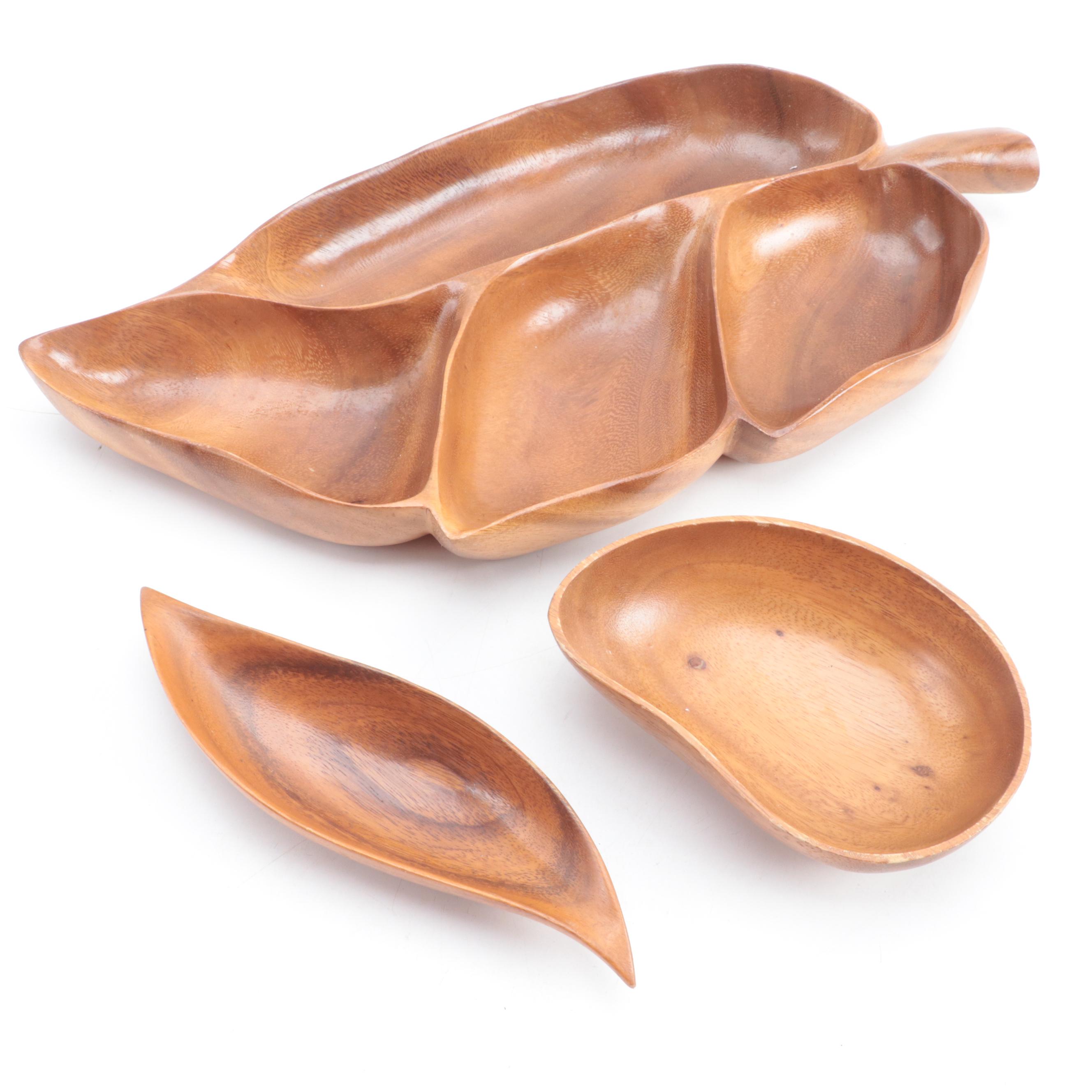 Hawaiian and Philippine Monkey Pod Wood Serveware with Turned Wood Bud Vase