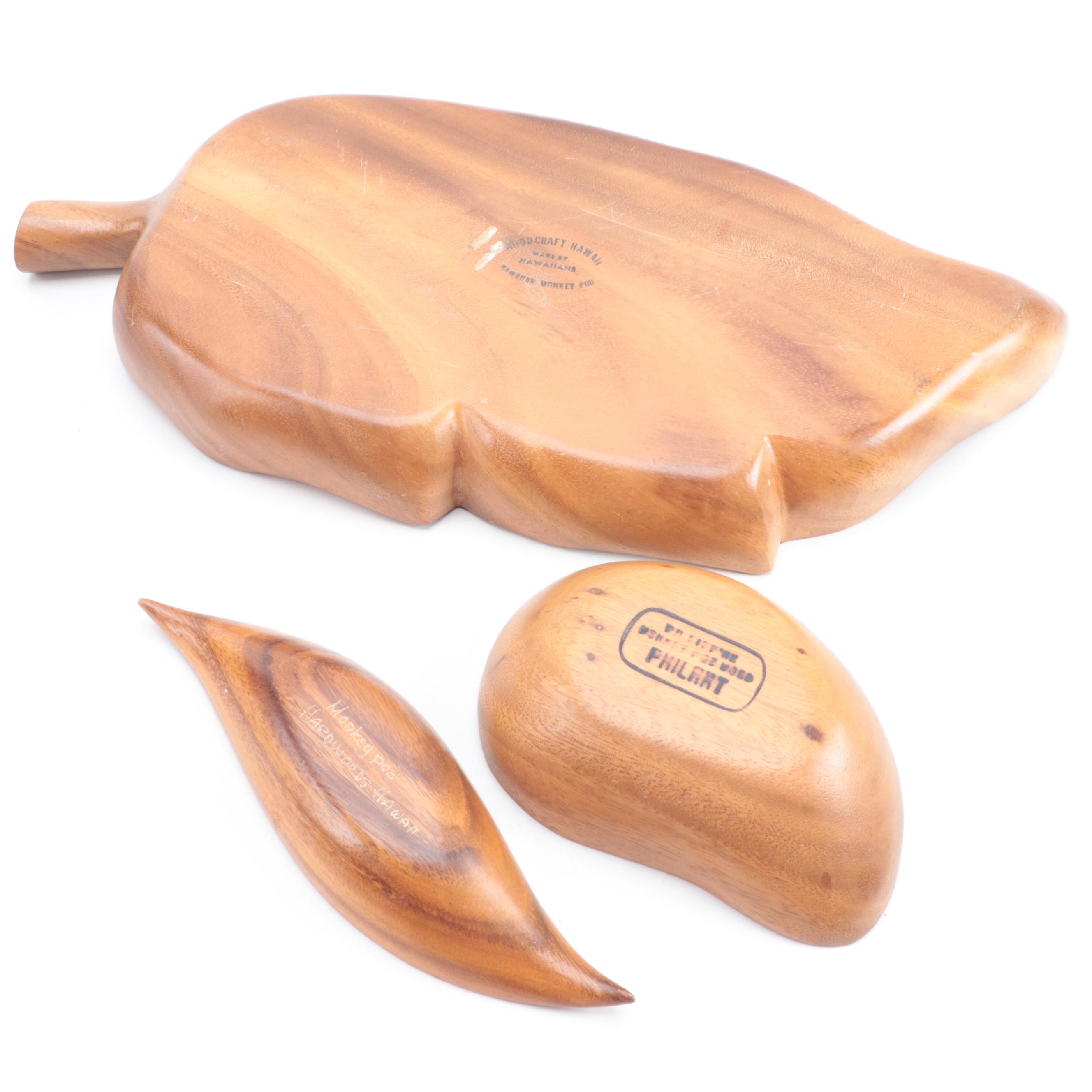 Hawaiian and Philippine Monkey Pod Wood Serveware with Turned Wood Bud Vase