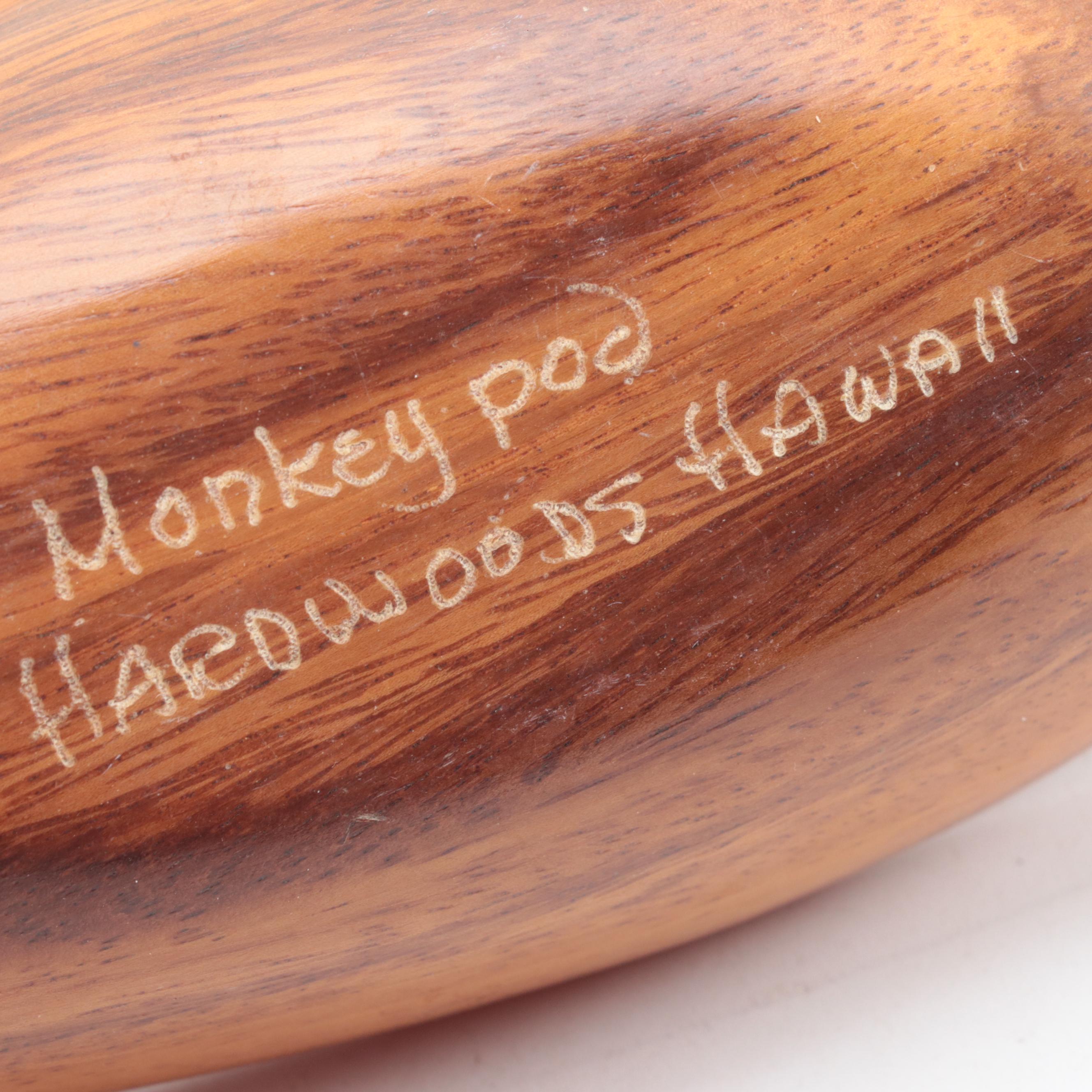 Hawaiian and Philippine Monkey Pod Wood Serveware with Turned Wood Bud Vase