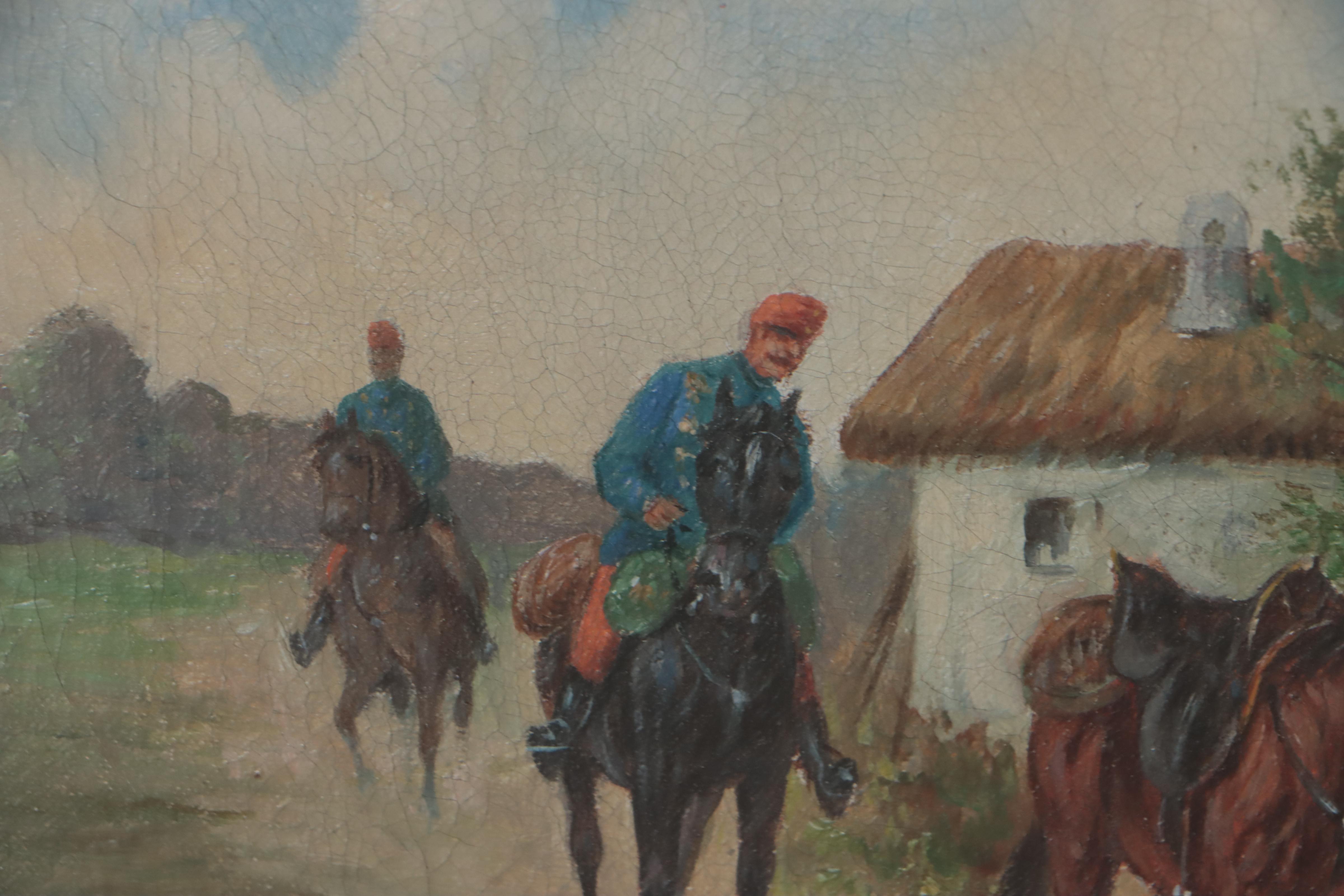 Oil Painting of Soldiers In Village