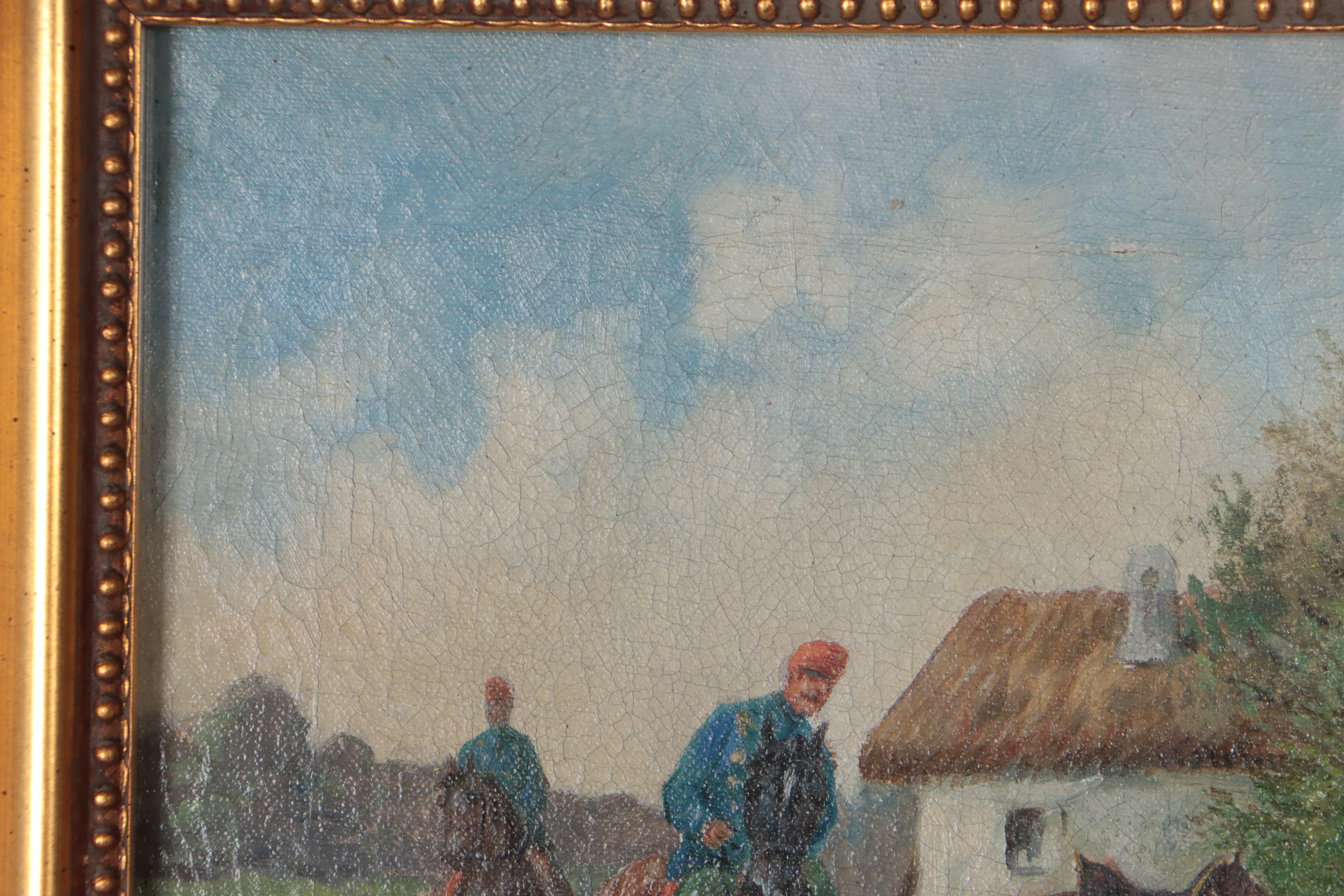 Oil Painting of Soldiers In Village