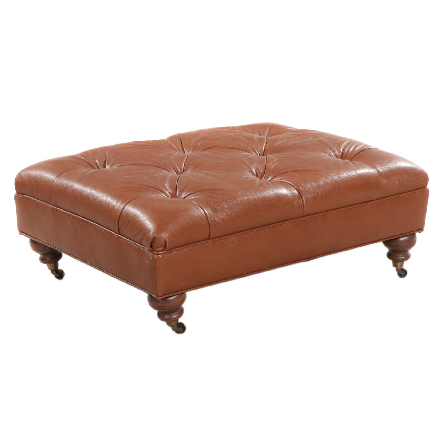 Ethan Allen Button Tufted Leather Ottoman, Late 20th Century