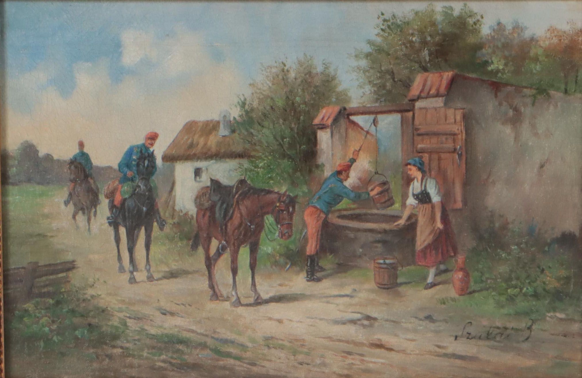 Oil Painting of Soldiers In Village