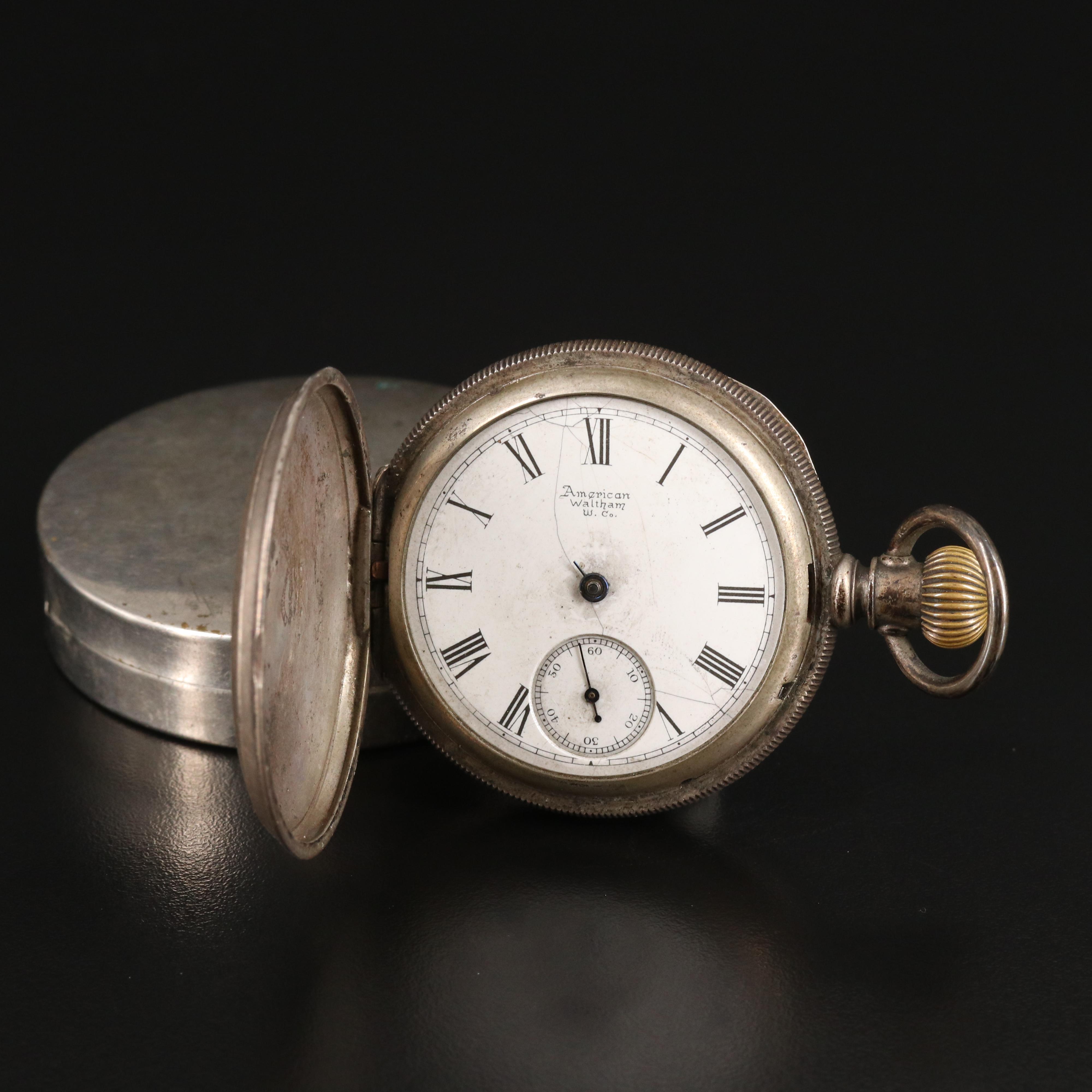 1891 Waltham Coin Silver Pocket Watch with Metal Box