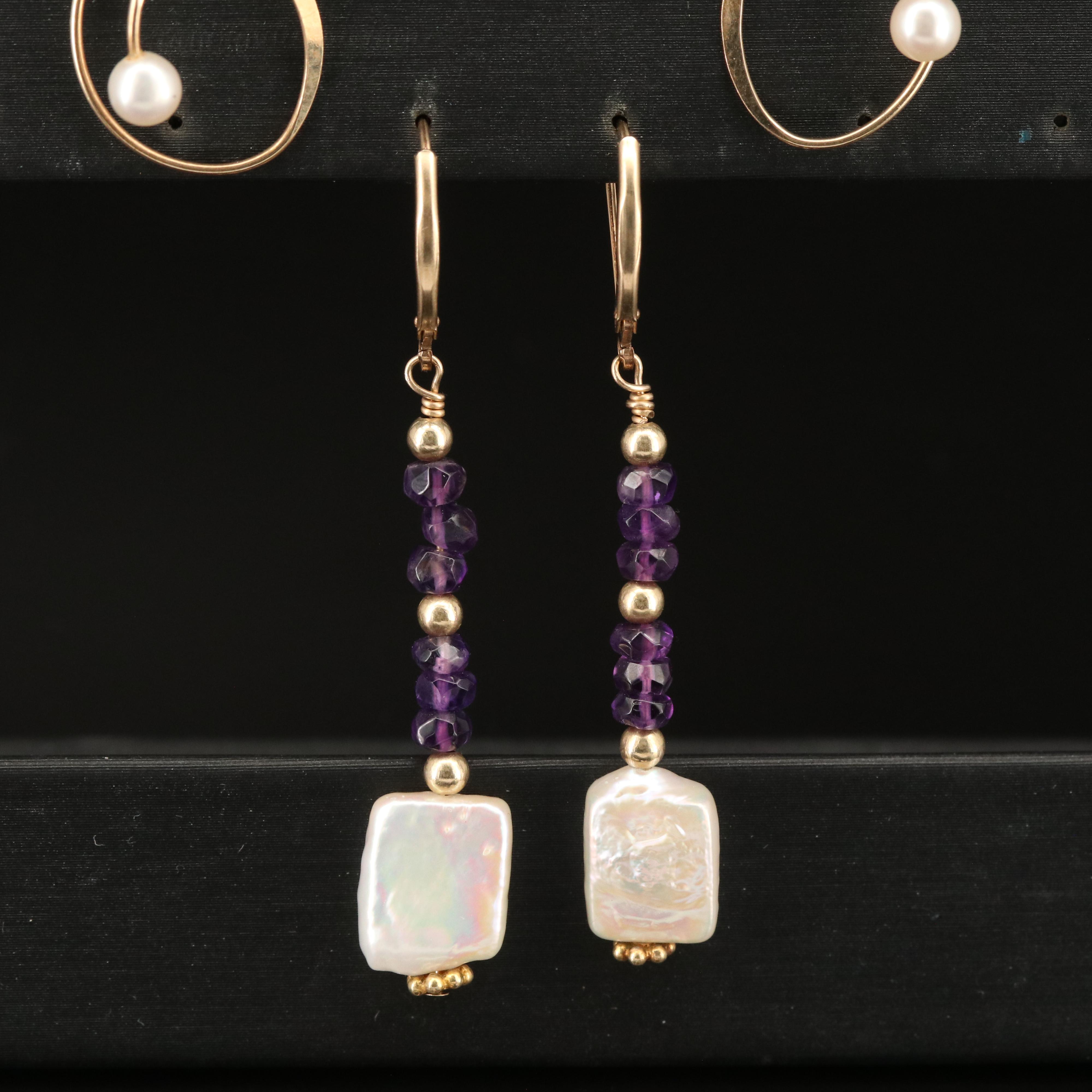 Pearl, Amethyst and Glass Earring Selection Including 14K