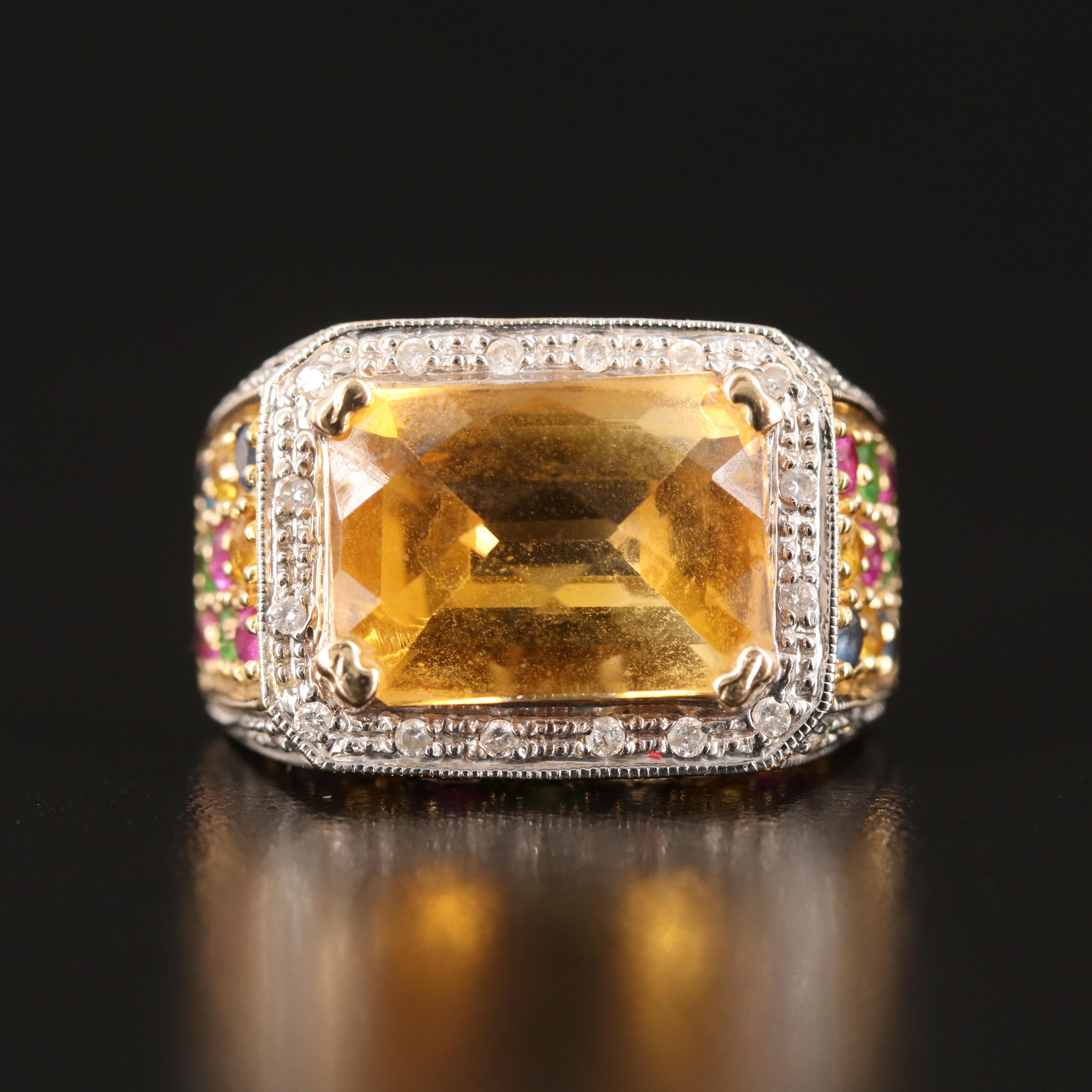 14K Citrine, Ruby, Sapphire, Tsavorite and Diamond Ring