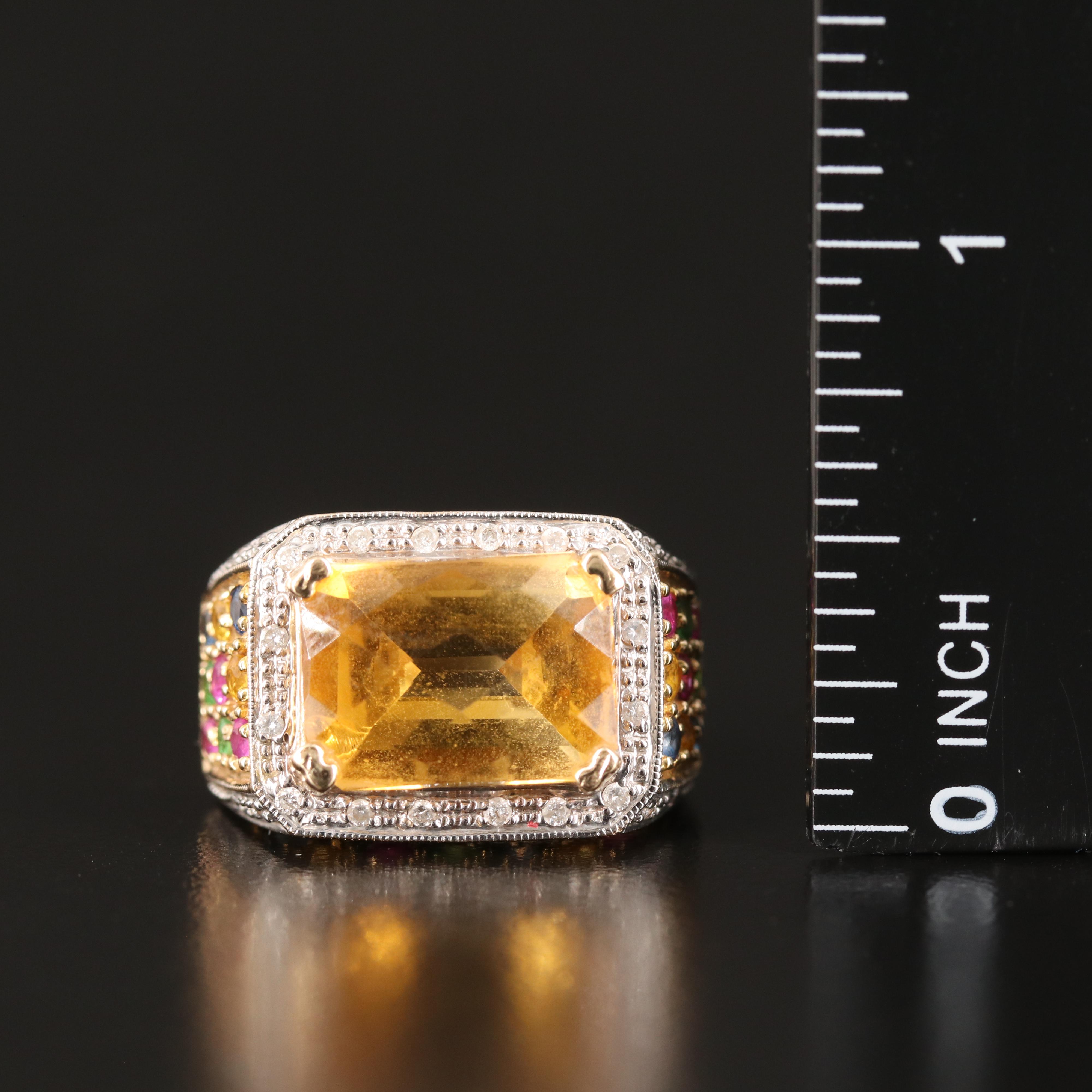 14K Citrine, Ruby, Sapphire, Tsavorite and Diamond Ring
