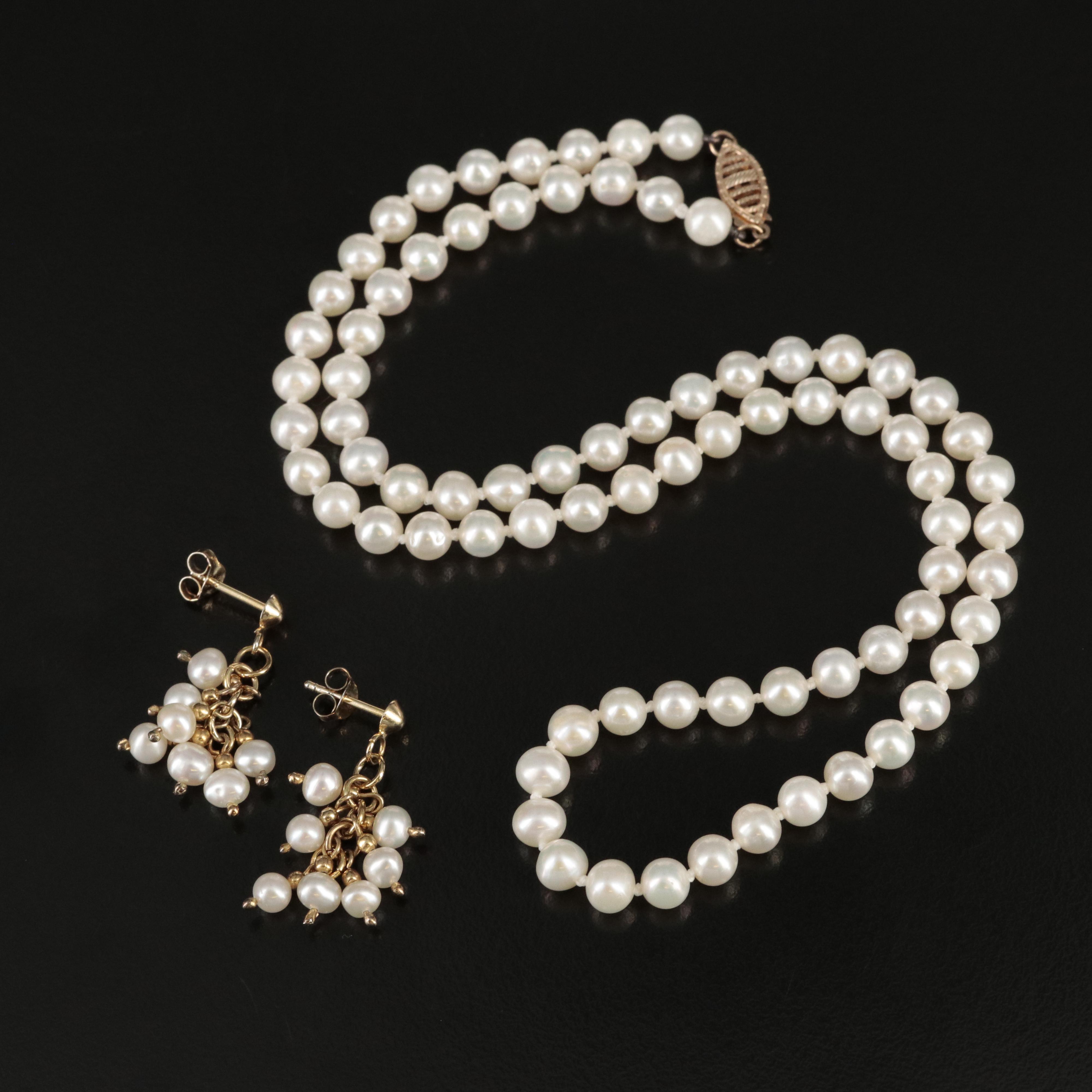 10K Pearl Necklace Paired with Sterling Pearl Earrings