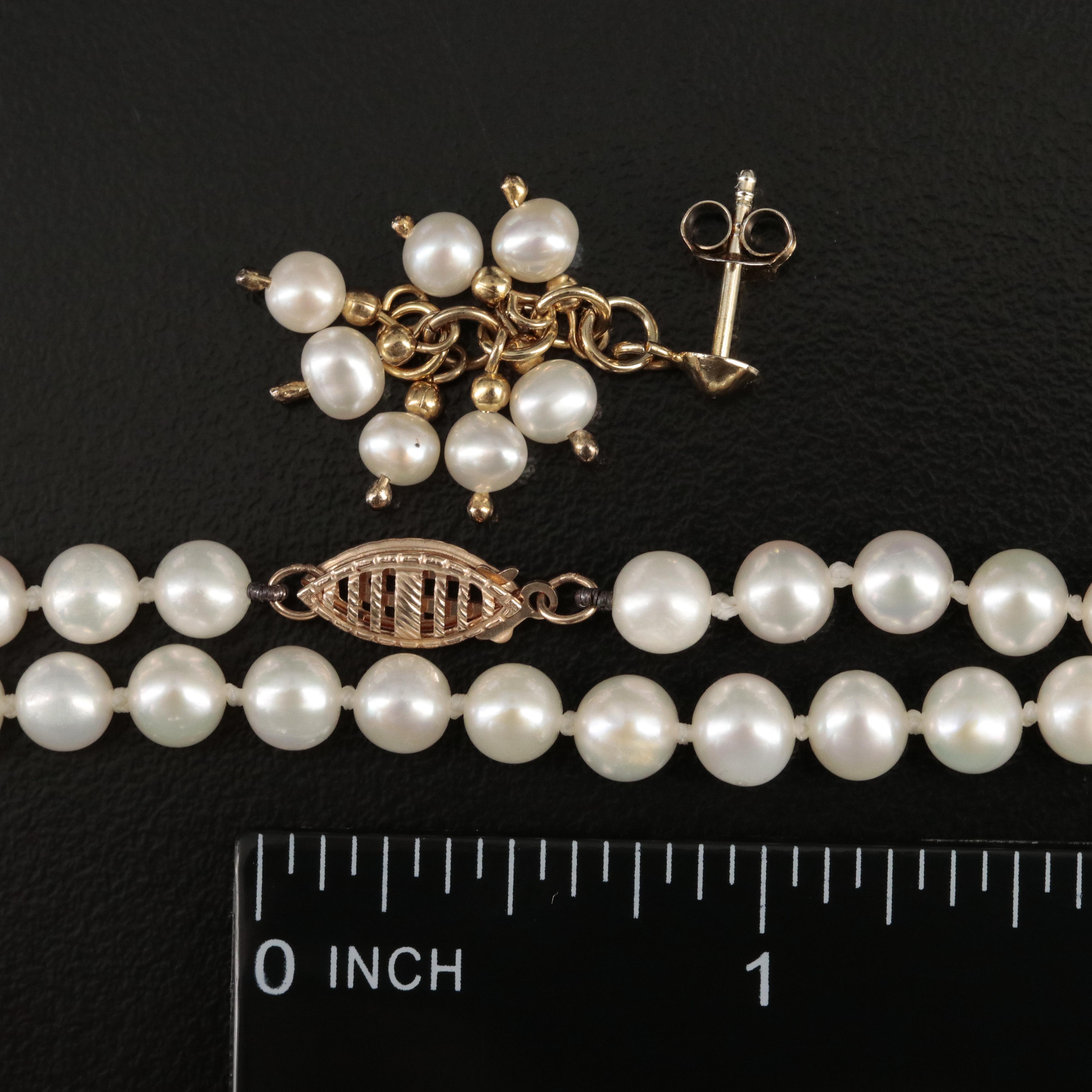 10K Pearl Necklace Paired with Sterling Pearl Earrings