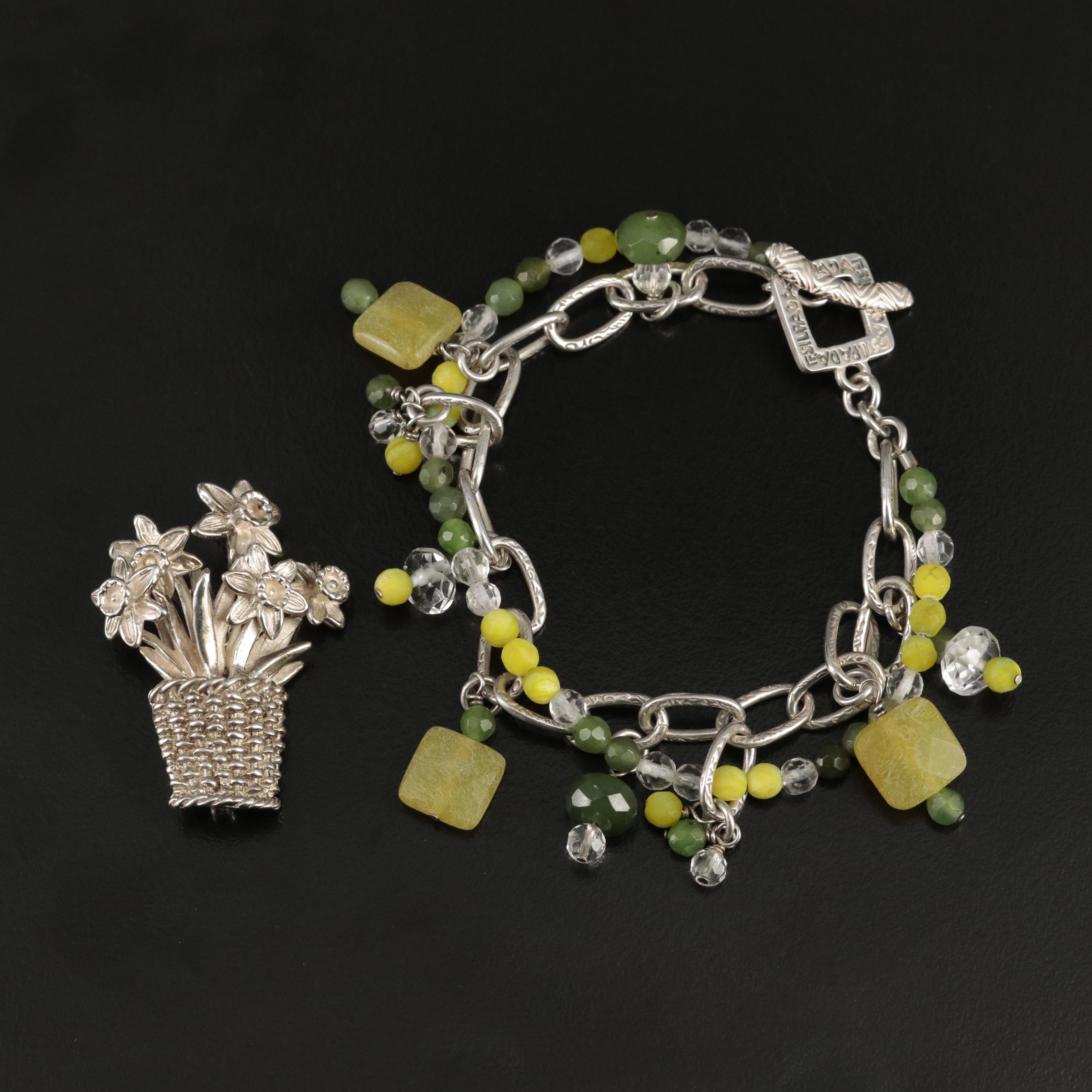 Sterling Daffodil Basket Brooch with Silpada Quartz and Gemstone Bracelet