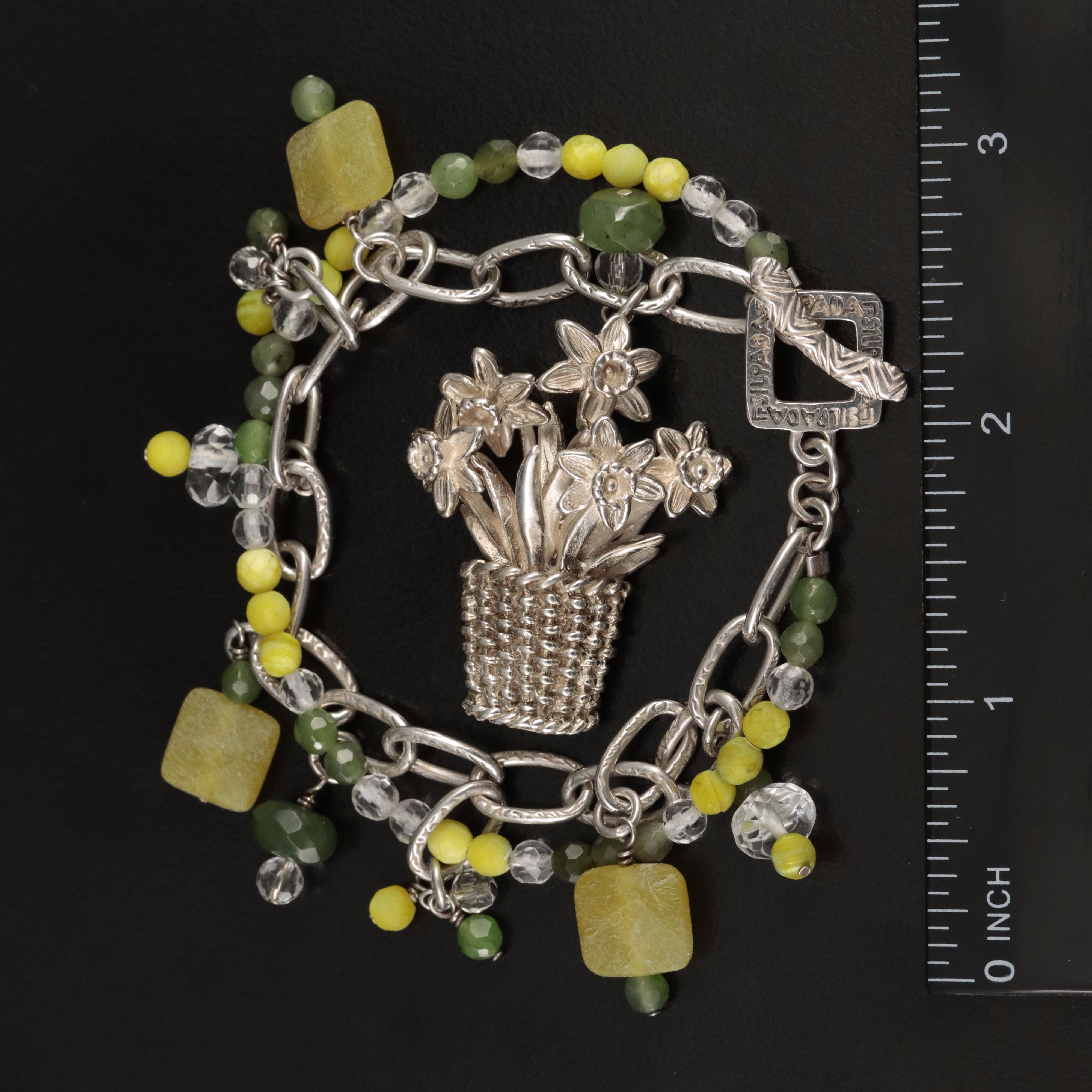 Sterling Daffodil Basket Brooch with Silpada Quartz and Gemstone Bracelet