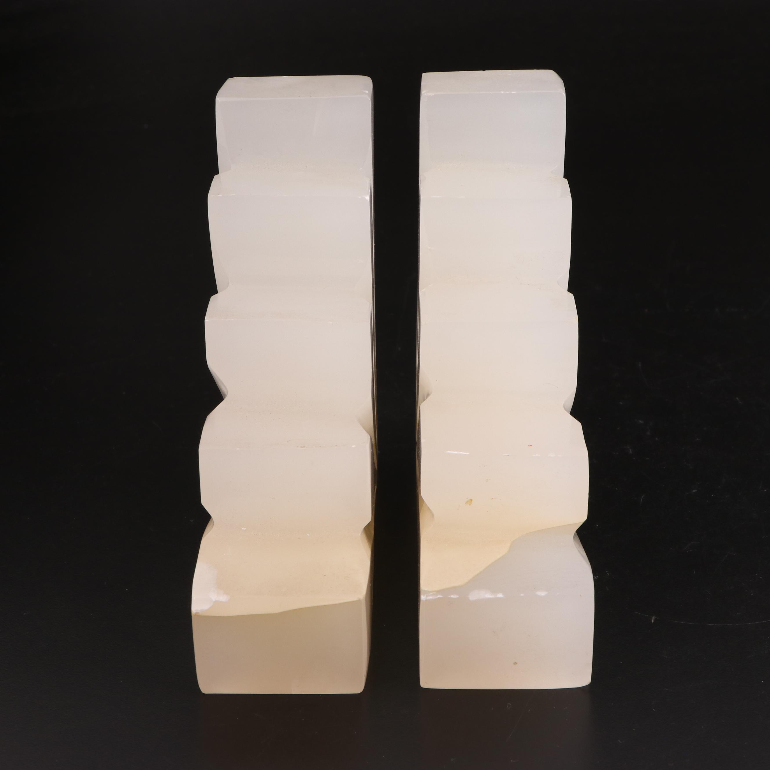 Art Deco Style Carved Calcite Bookends, Mid-20th Century