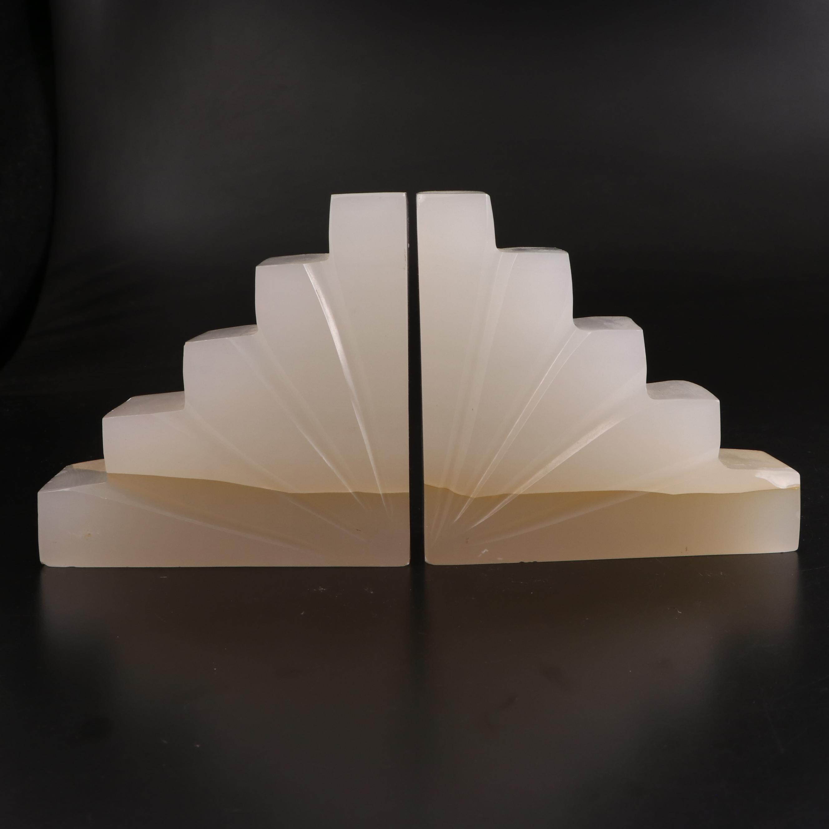 Art Deco Style Carved Calcite Bookends, Mid-20th Century