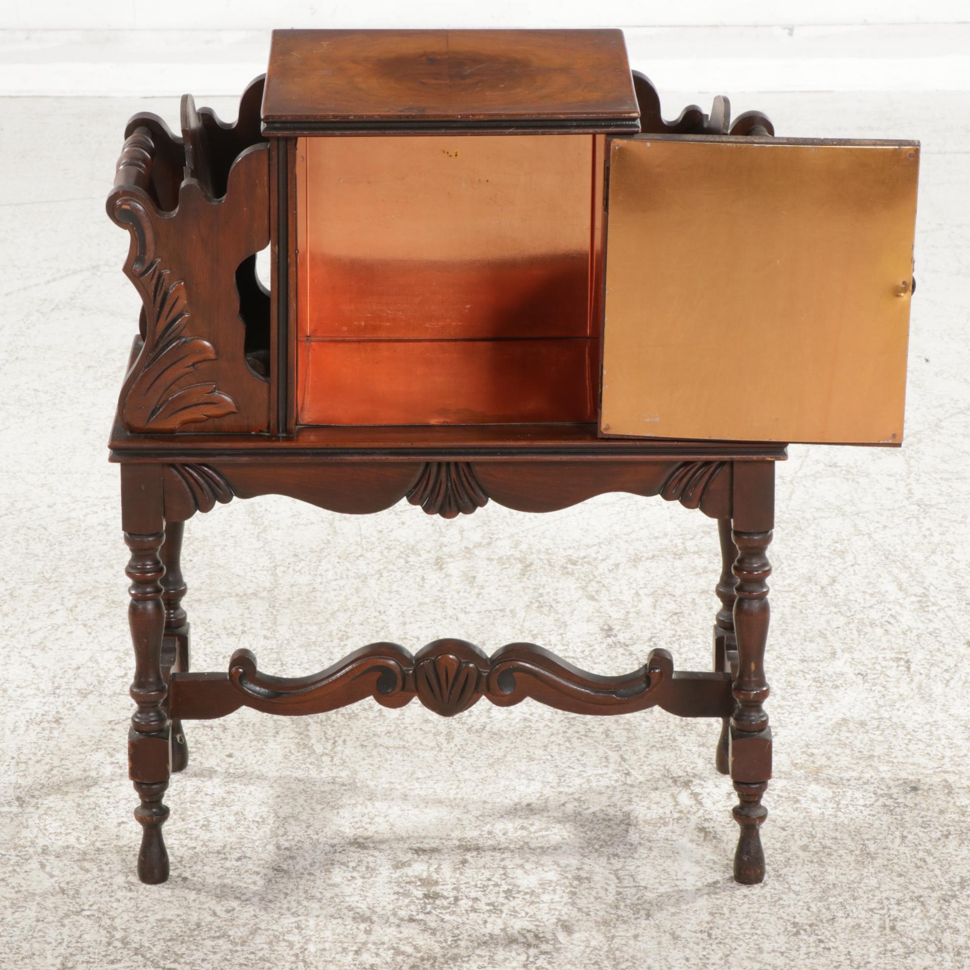 Jacobean Style Walnut Smoking Stand and Magazine Rack, 1930s