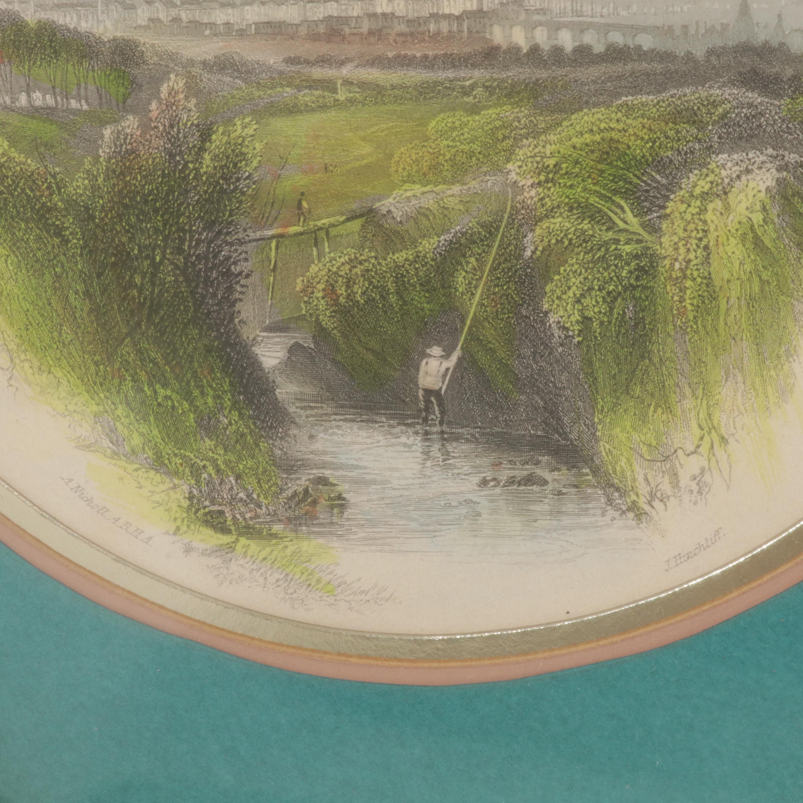 European City Outskirts Hand-Colored Engravings, Circa 1840