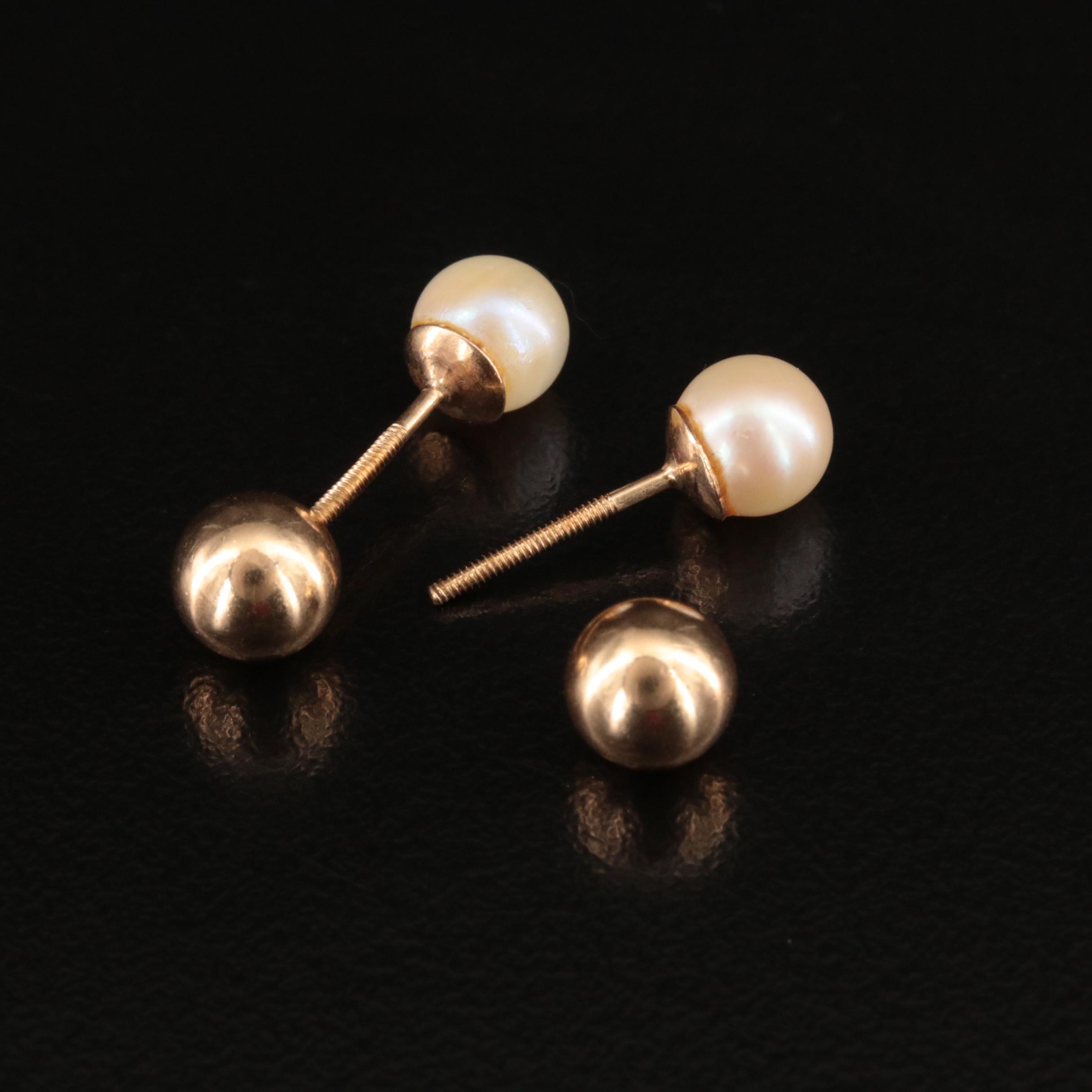 14K Pearl and Ball Front-Back Earrings