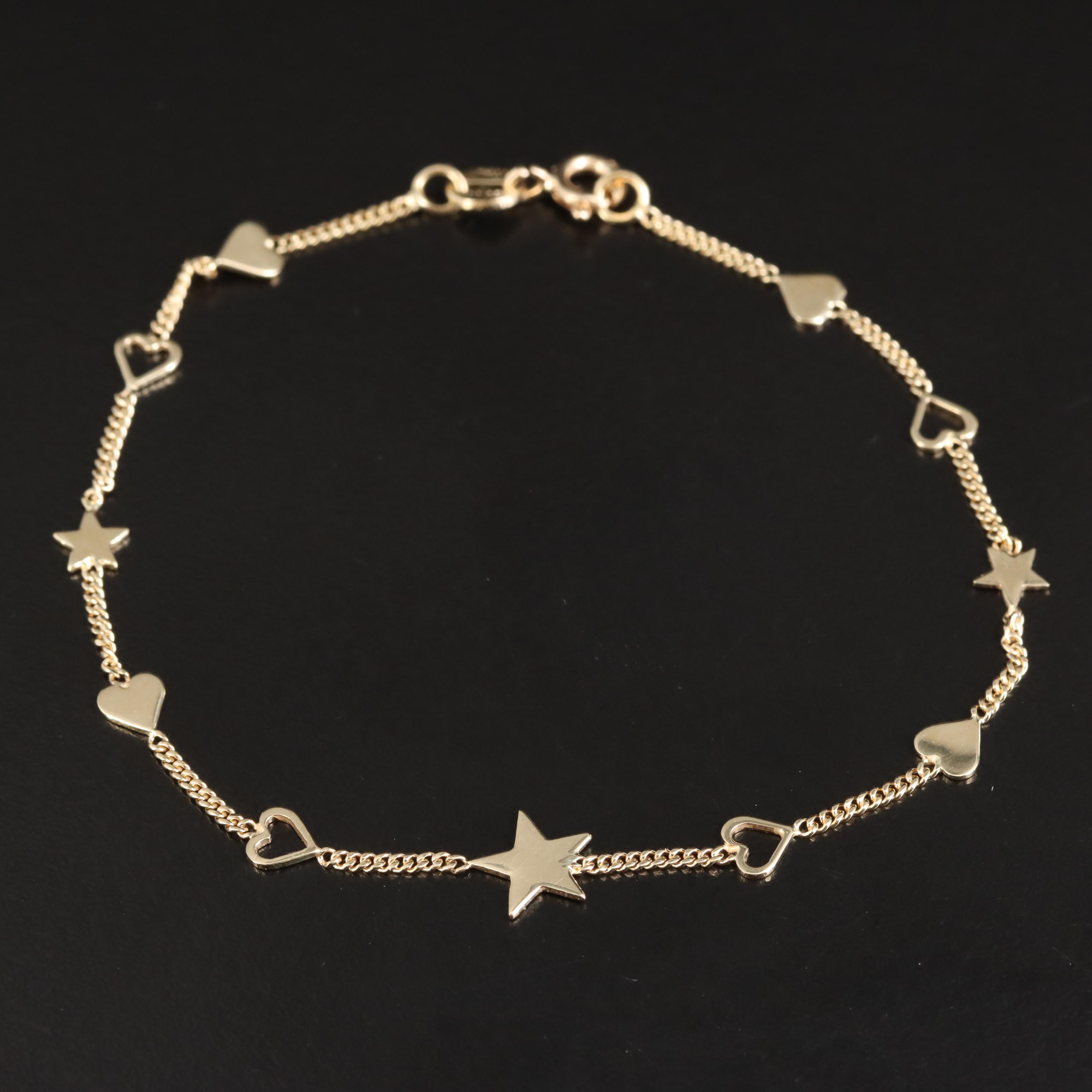 Italian 14K Star and Heart Station Bracelet