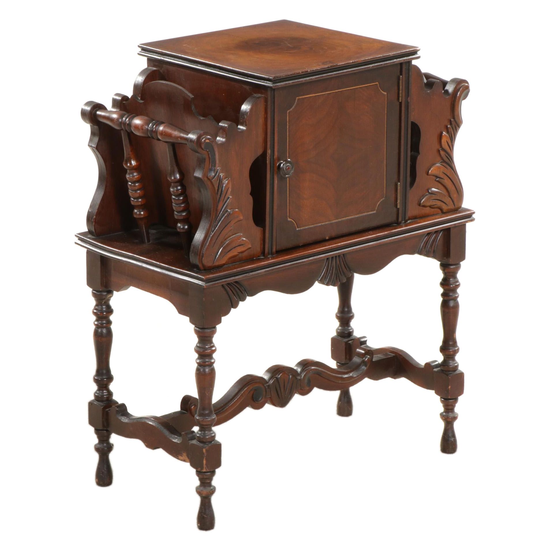Jacobean Style Walnut Smoking Stand and Magazine Rack, 1930s