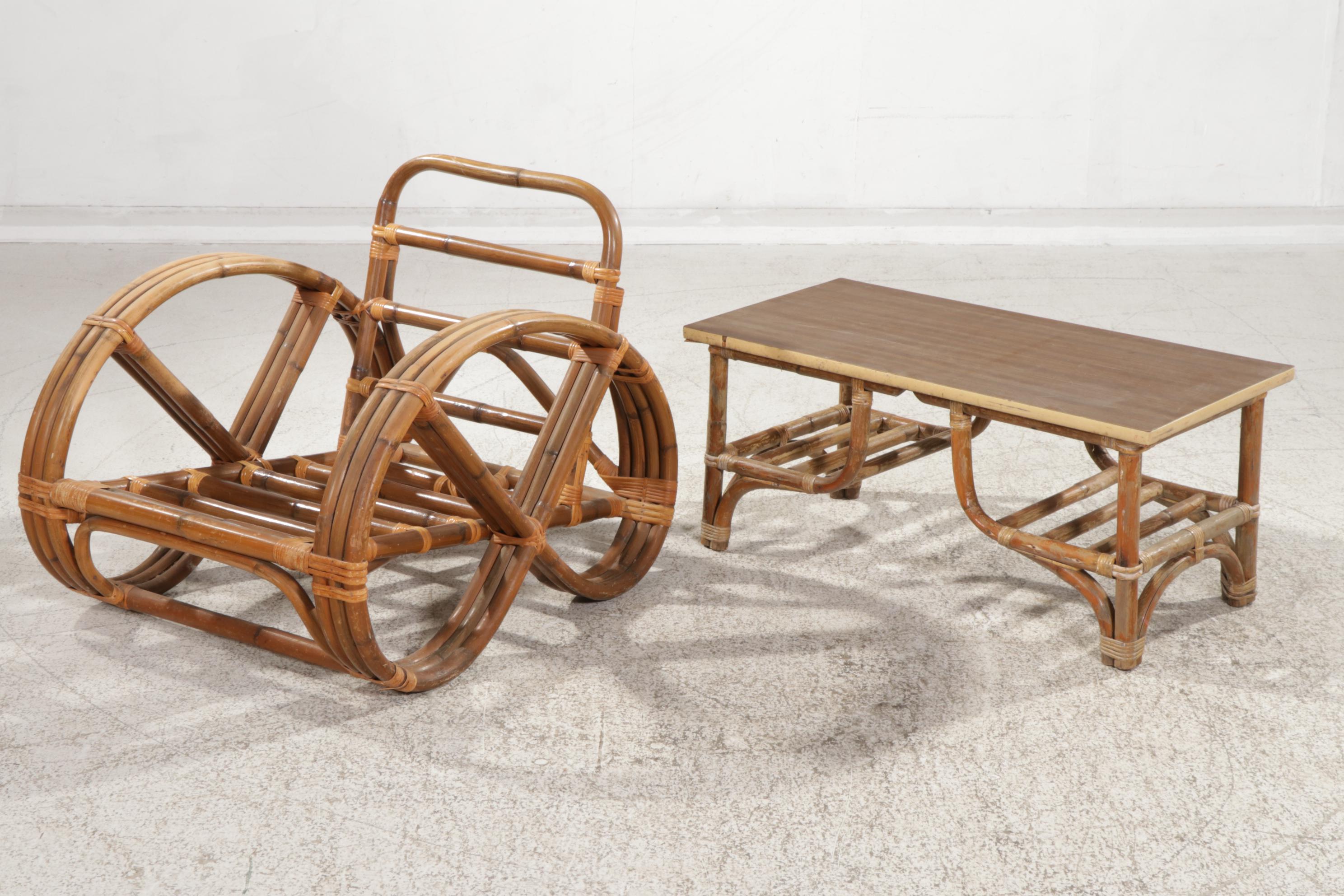 Calif-Asia Mid Century Modern Rattan Lounge Chair with Laminate-Top Coffee Table