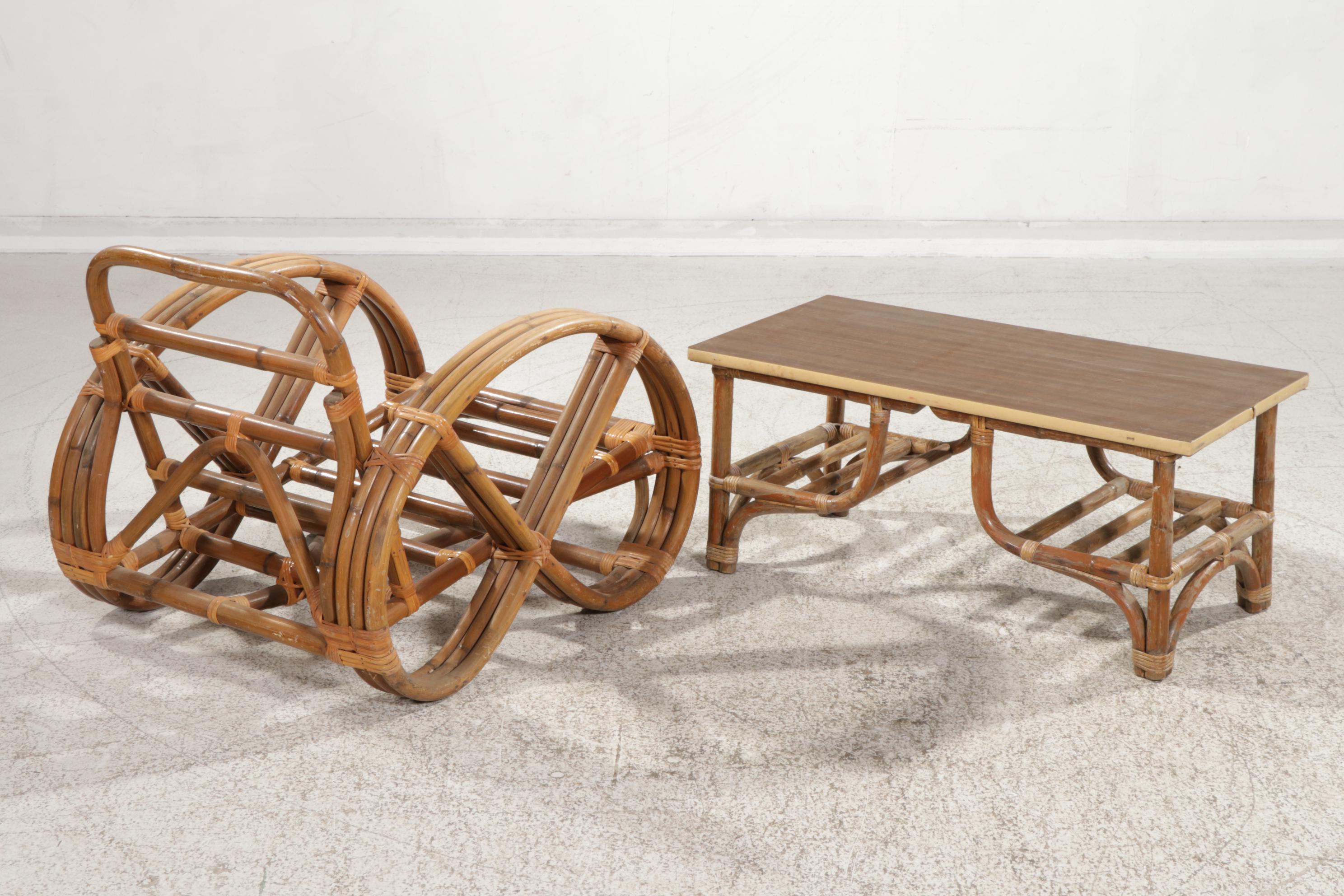 Calif-Asia Mid Century Modern Rattan Lounge Chair with Laminate-Top Coffee Table