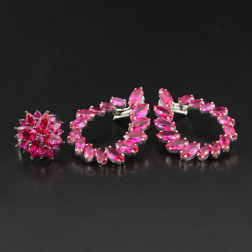 Sterling Marquise Ruby Earrings and Flower Cluster Ring