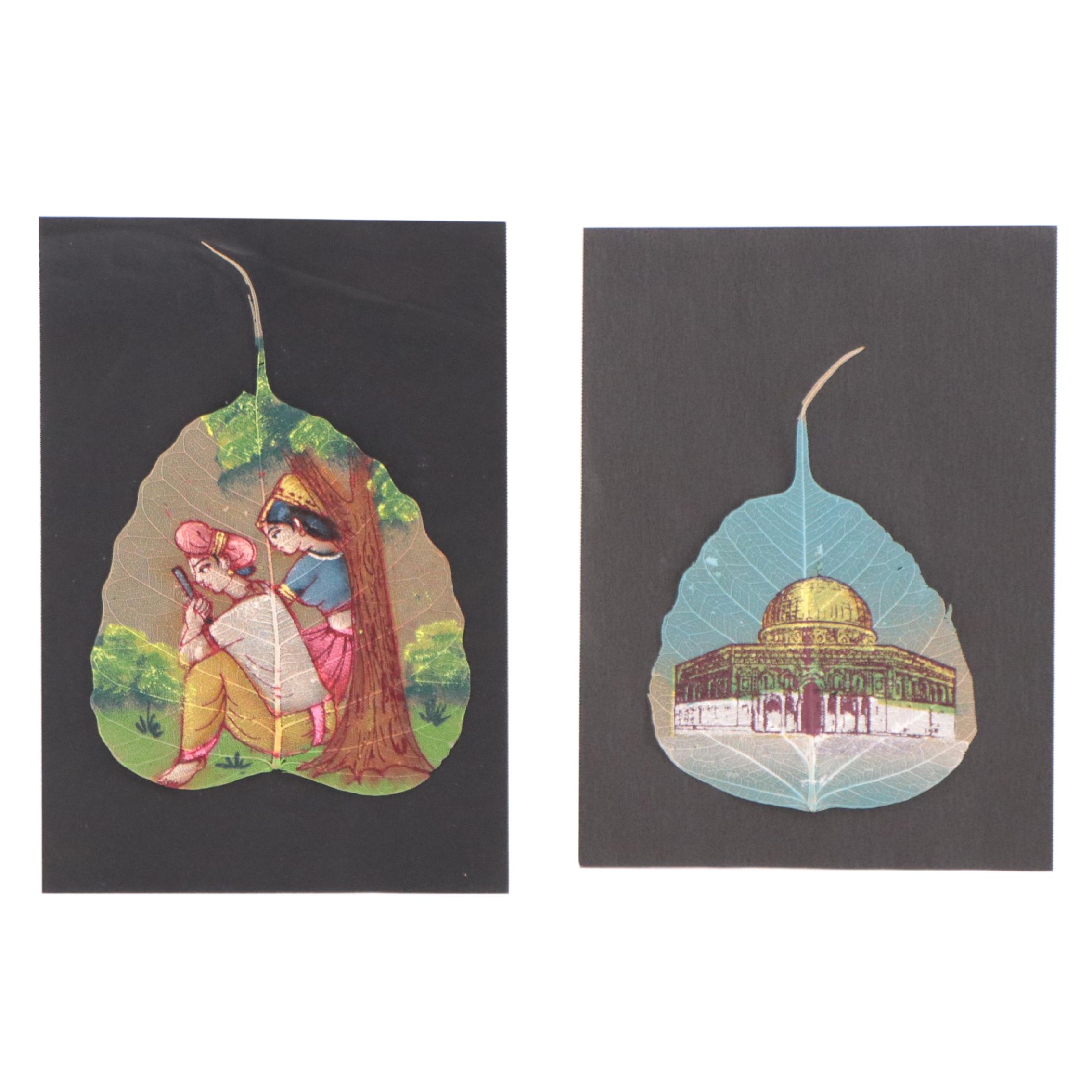 Indian Peepal Leaf Stencil Paintings of Figure and Architecture