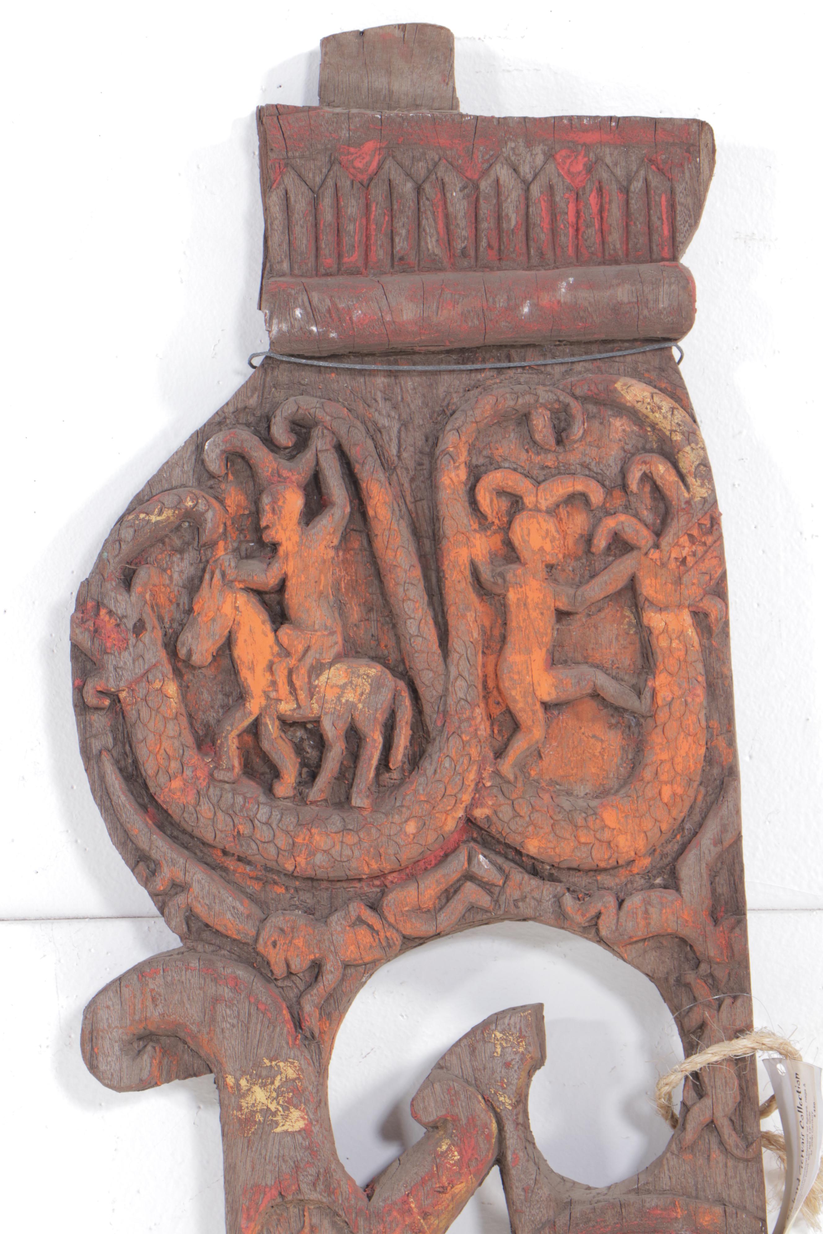 Burmese Polychrome Carved Wooden Architectural Element, Mid-20th Century